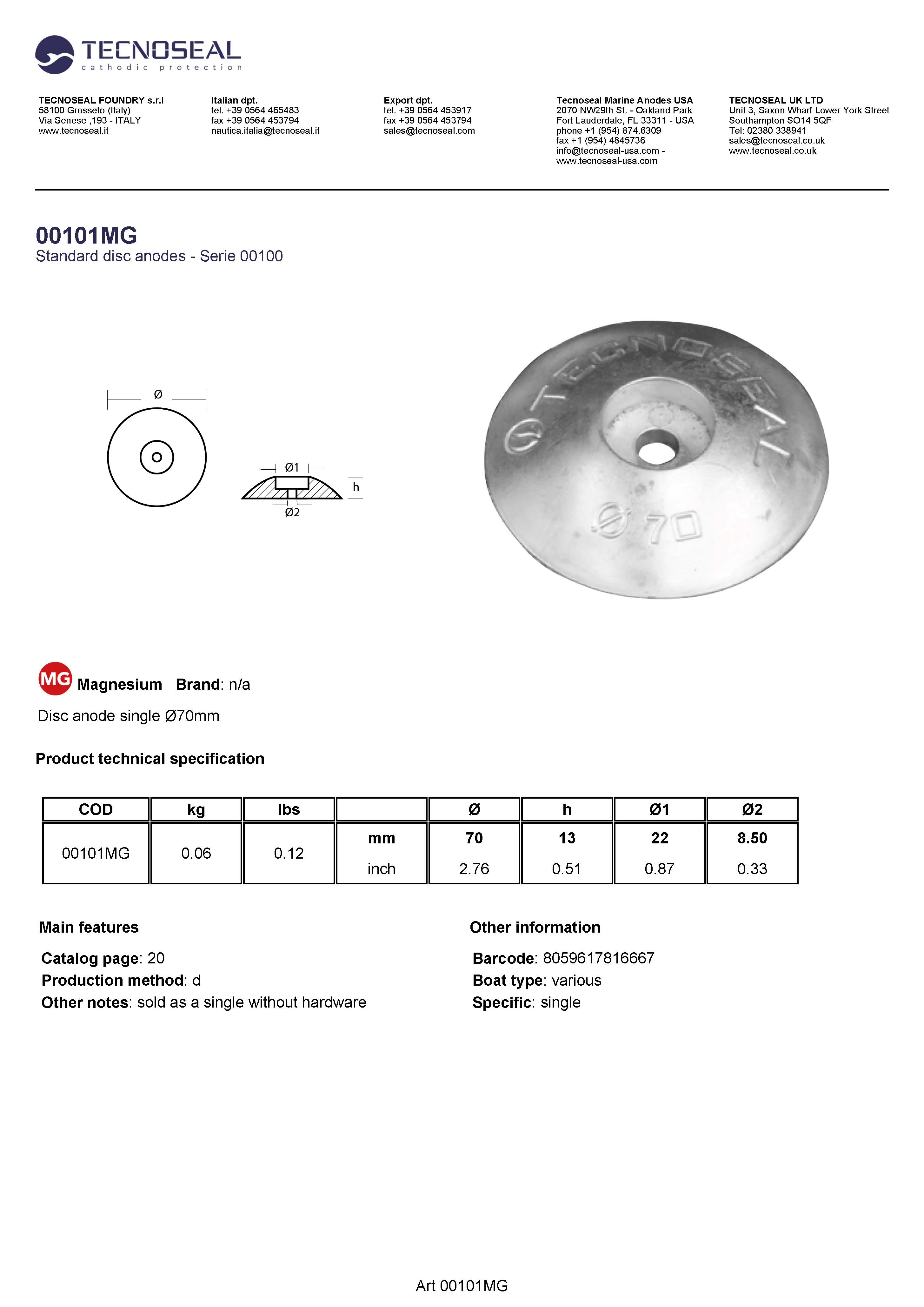 Disc anode single &Oslash;70mm - 00101mg - 00101MG