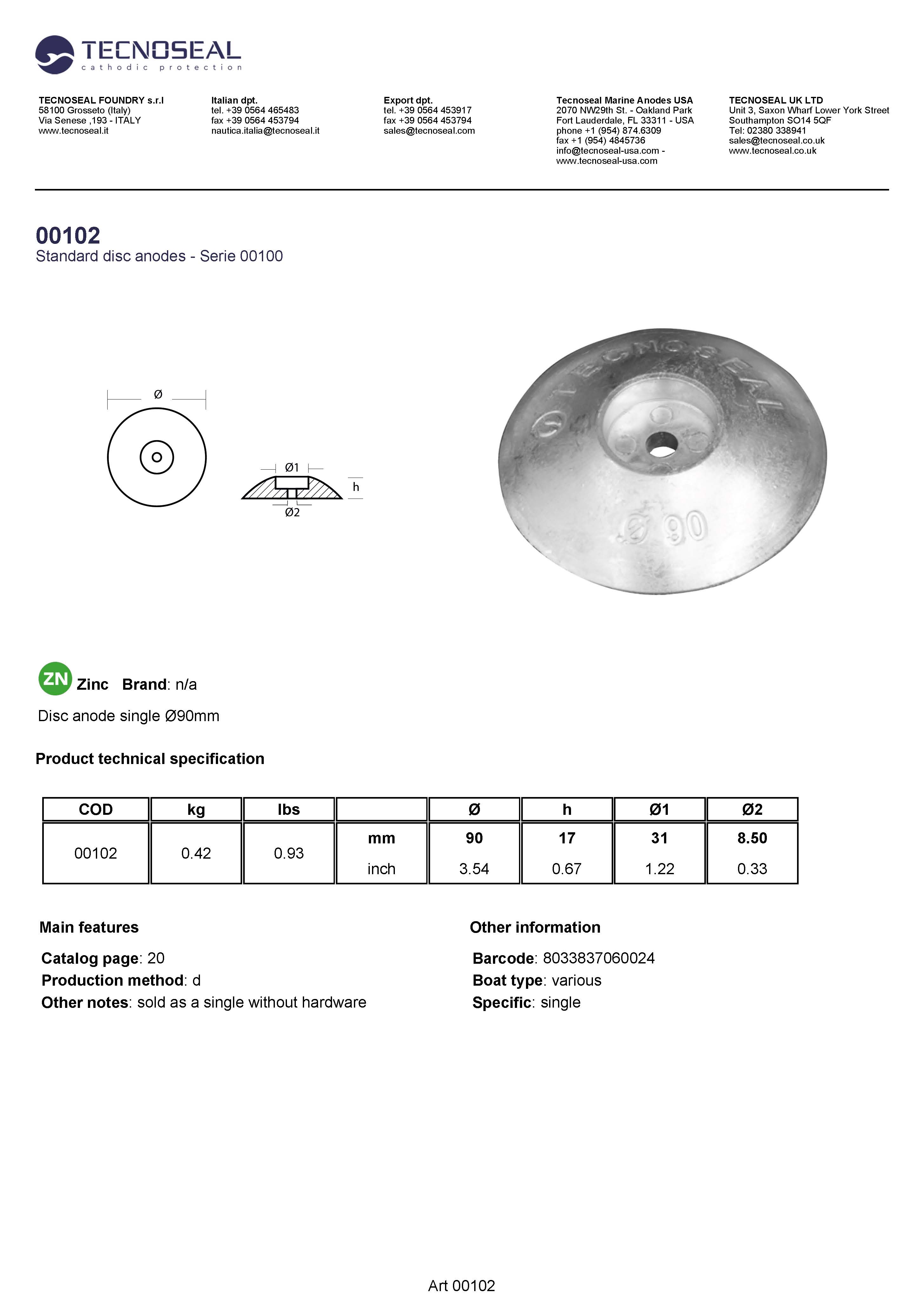 Disc anode single &Oslash;90mm - 00102 1 - 00102