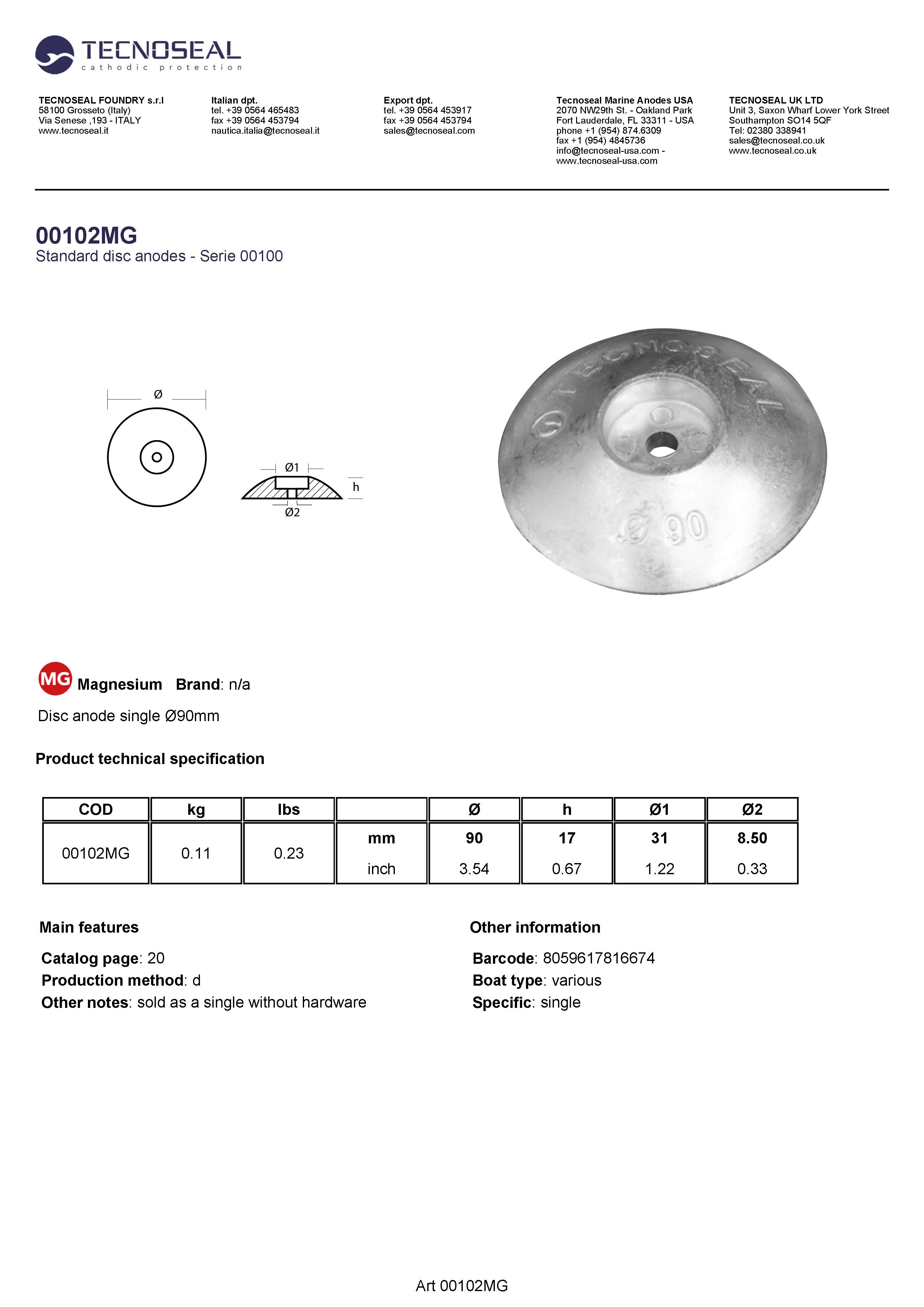 Disc anode single &Oslash;90mm - 00102mg - 00102MG
