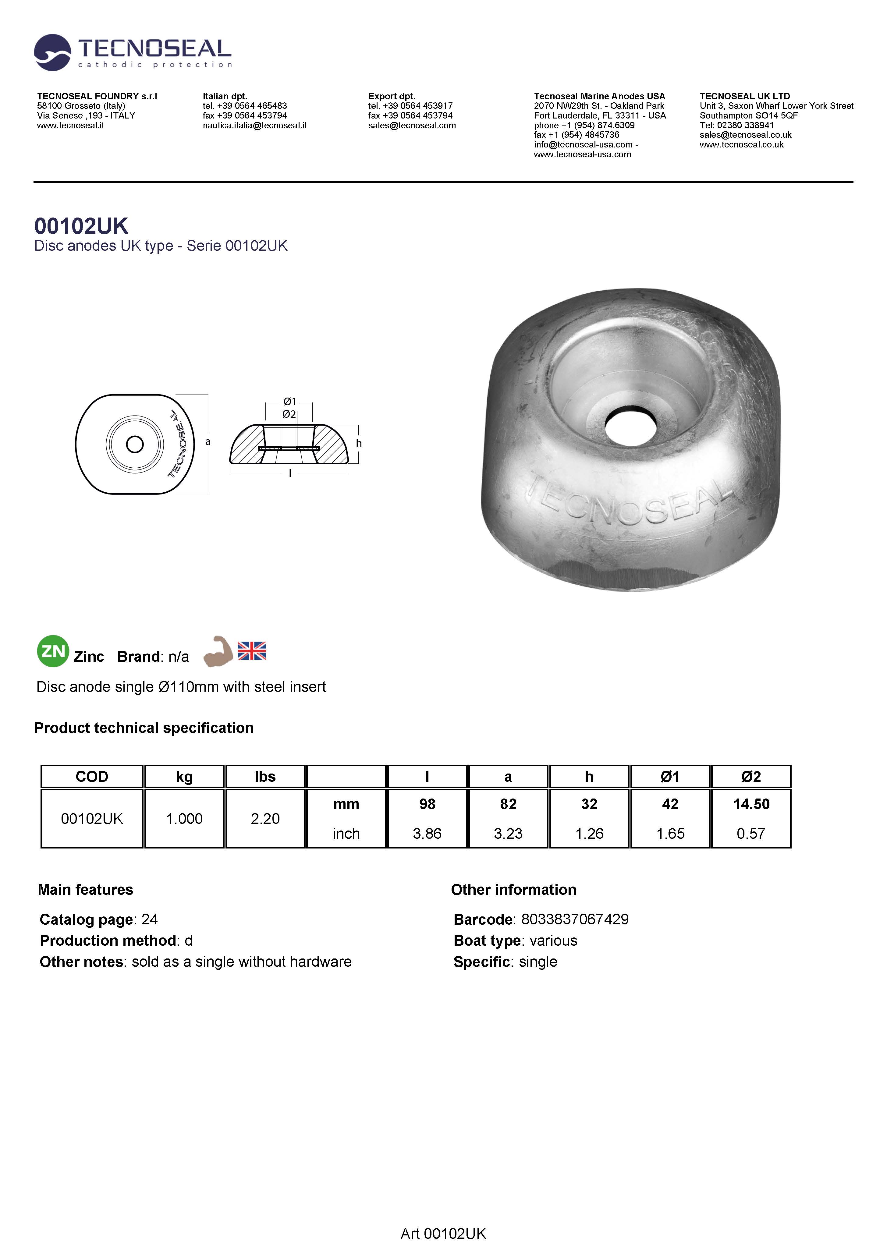 Disc anode single with steel insert - 00102uk 1 - 00102UK