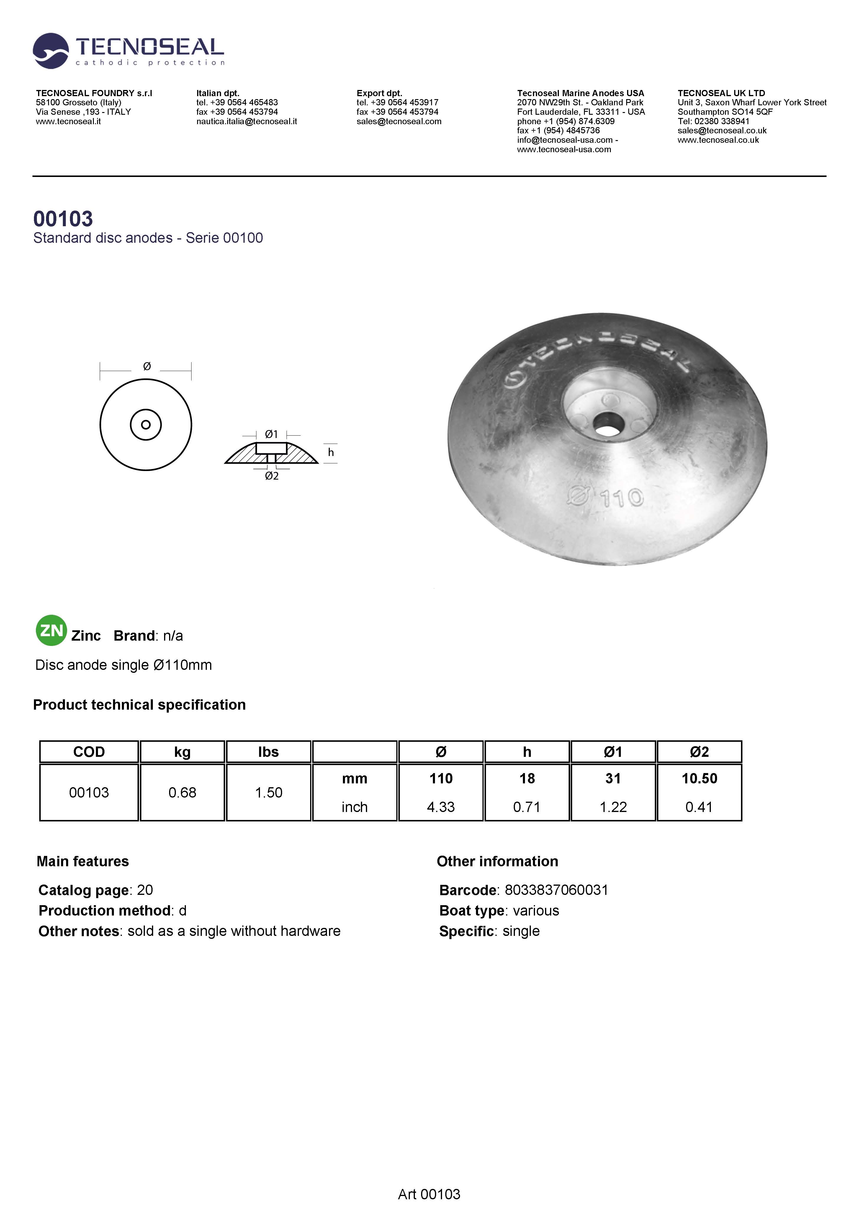 Disc anode single &Oslash;110mm - 00103 1 - 00103