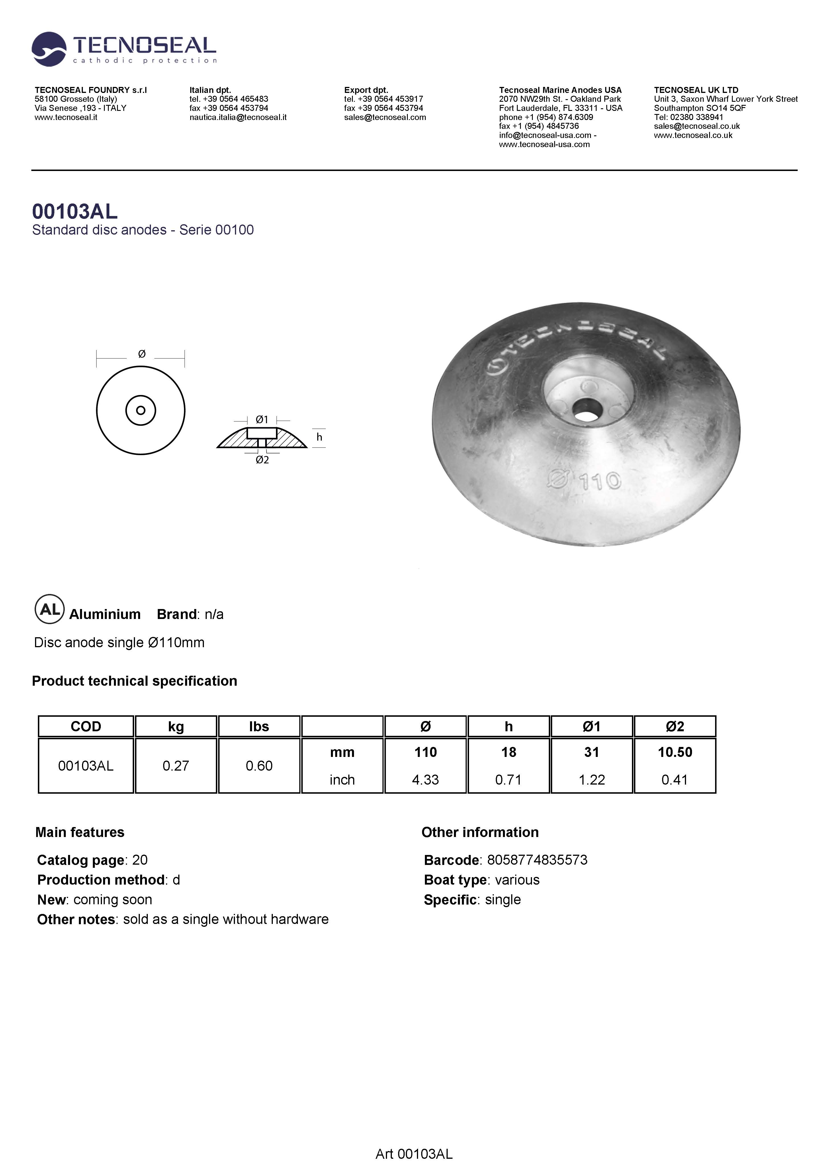 Disc anode single &Oslash;110mm - 00103al - 00103AL