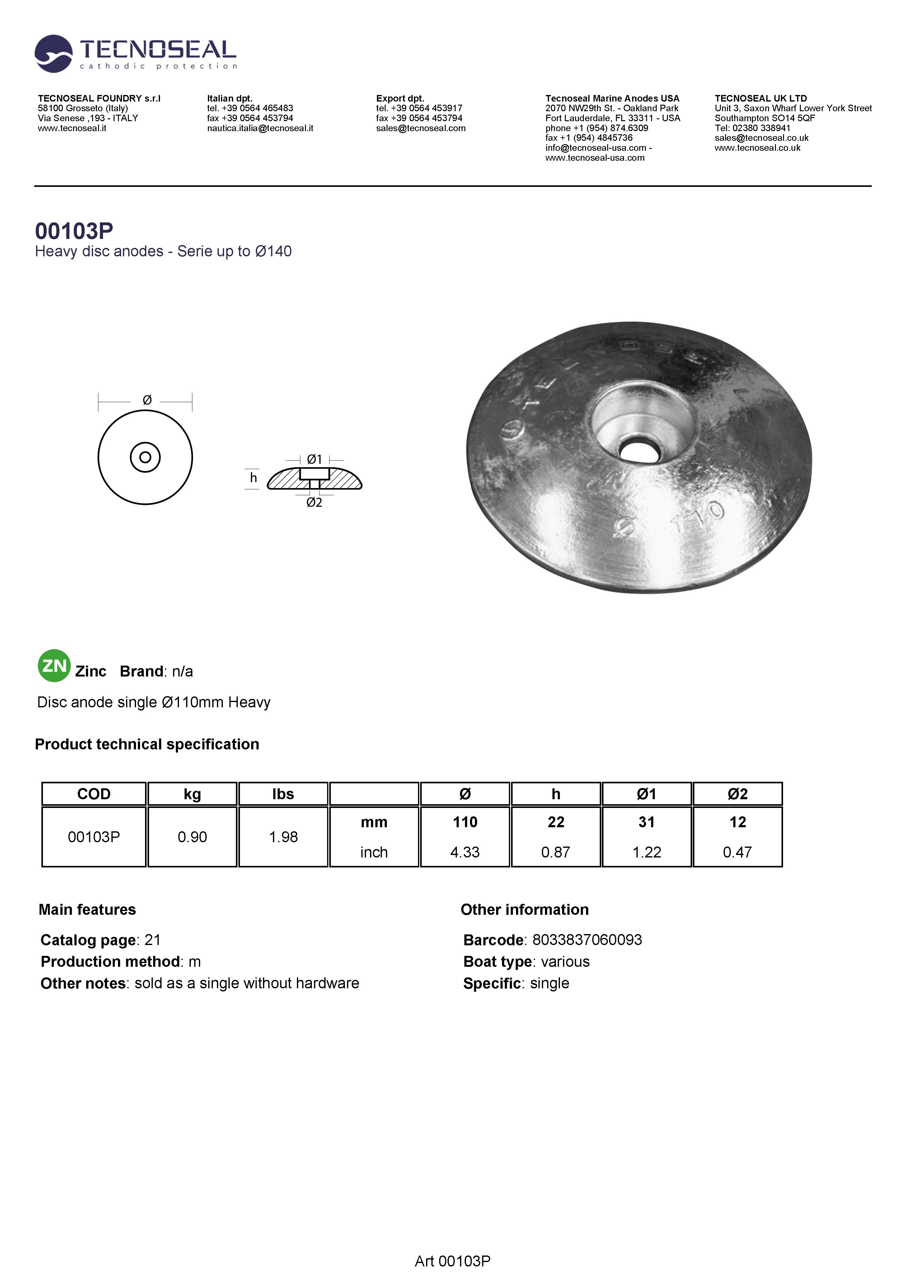 Disc anode single &Oslash;110mm Heavy - 00103p 1 - 00103P
