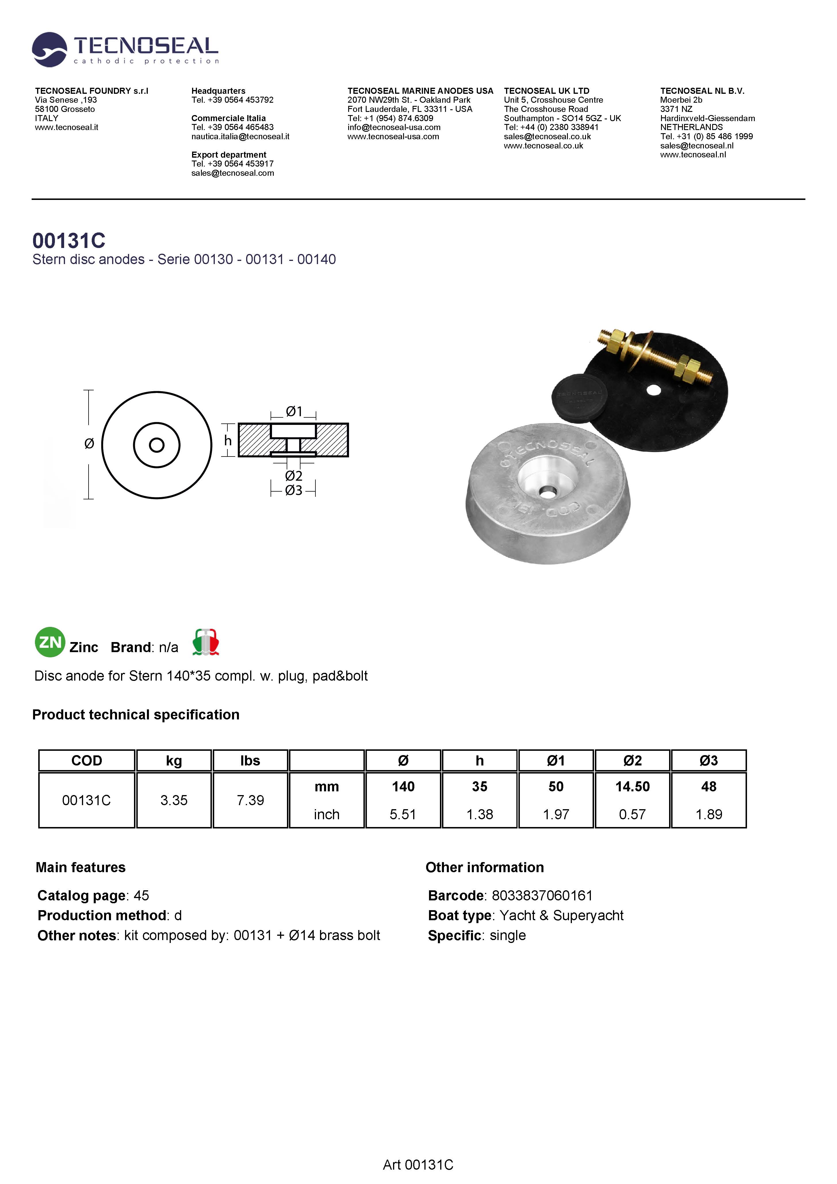 Disc anode for Stern 140*35 compl. w. plug, pad&bolt - 00131c 1 - 00131C