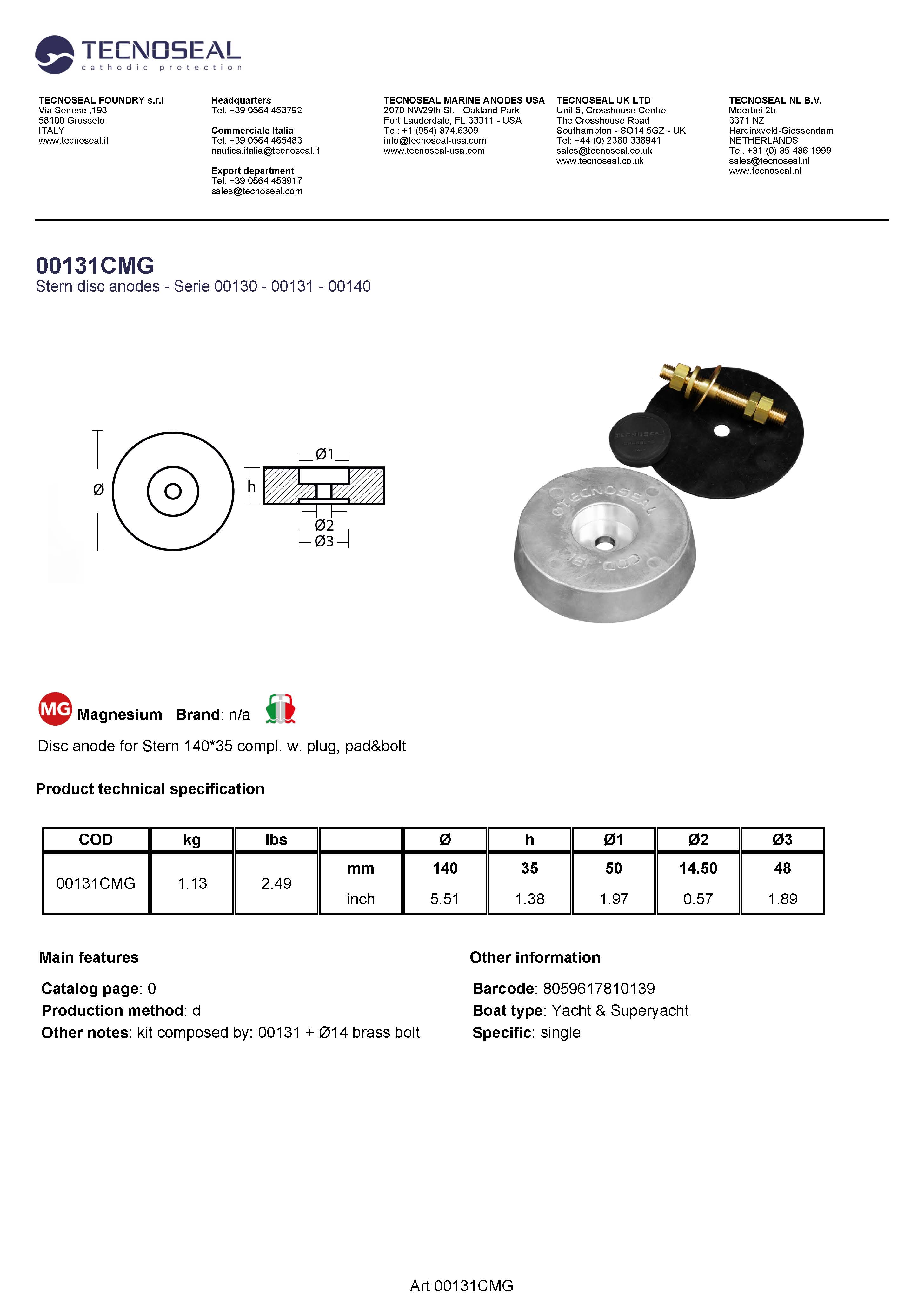 Disc anode for Stern 140*35 compl. w. plug, pad&bolt - 00131cmg 1 - 00131CMG