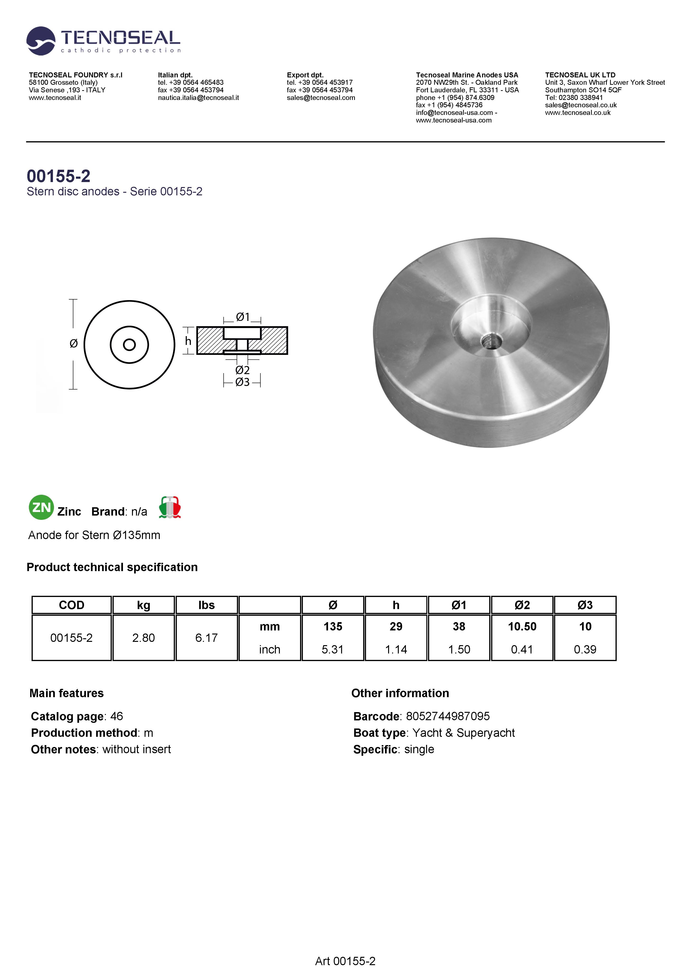 Anode for Stern &Oslash;135mm - 00155 2 - 00155-2