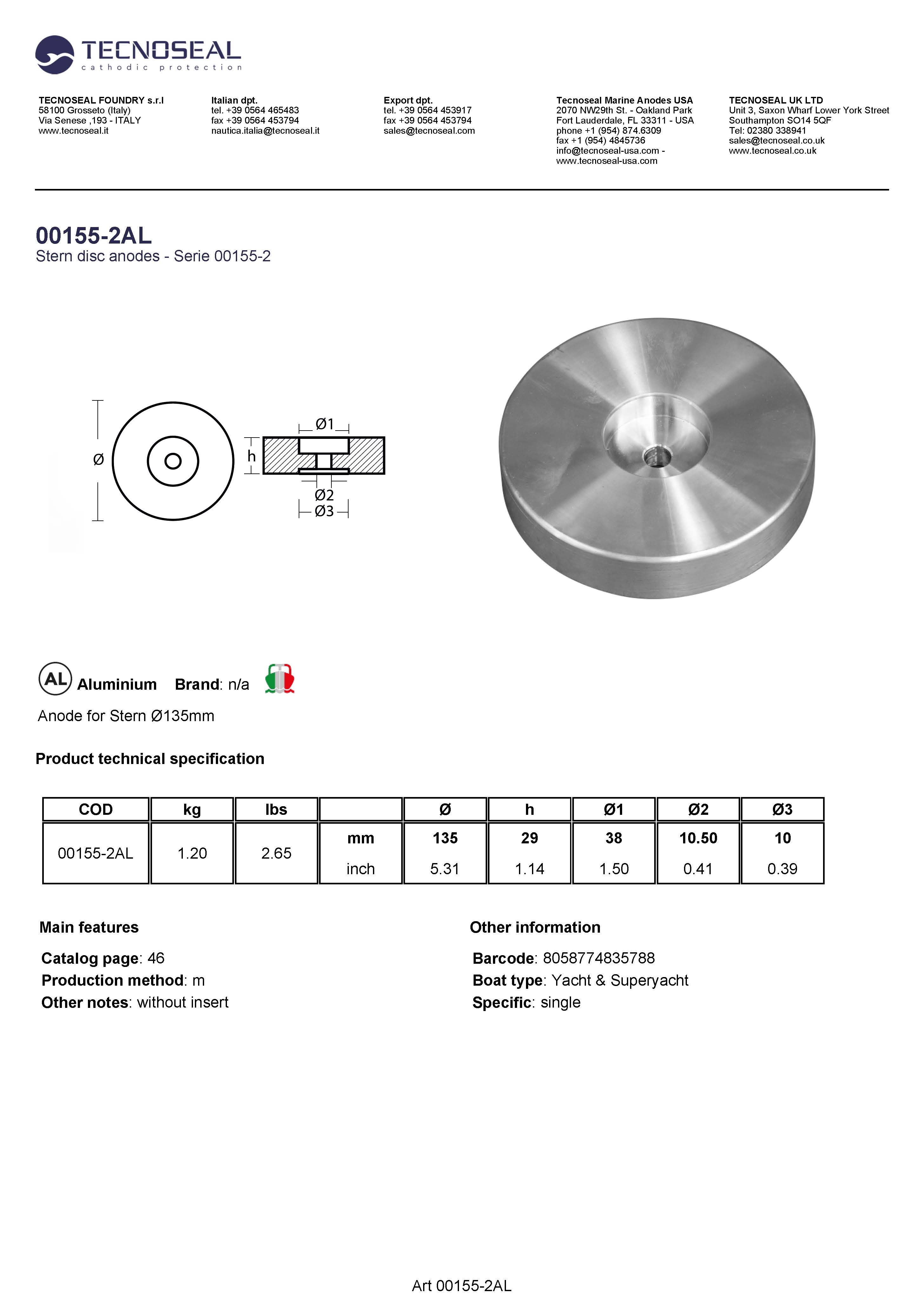 Anode for Stern &Oslash;135mm - 00155 2al 1 - 00155-2AL