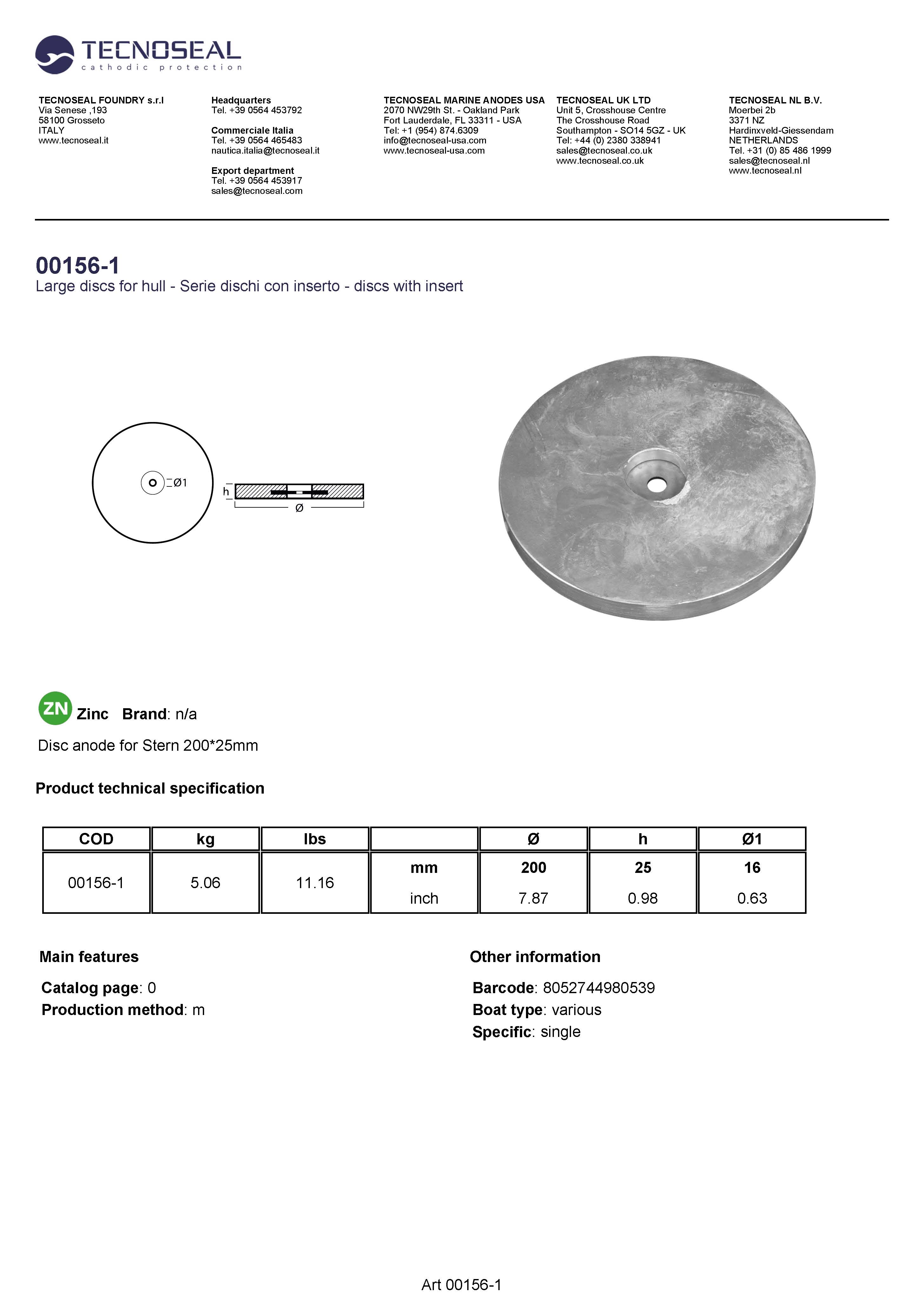 Disc anode for Stern 200*25mm - 00156 2 - 00156-1