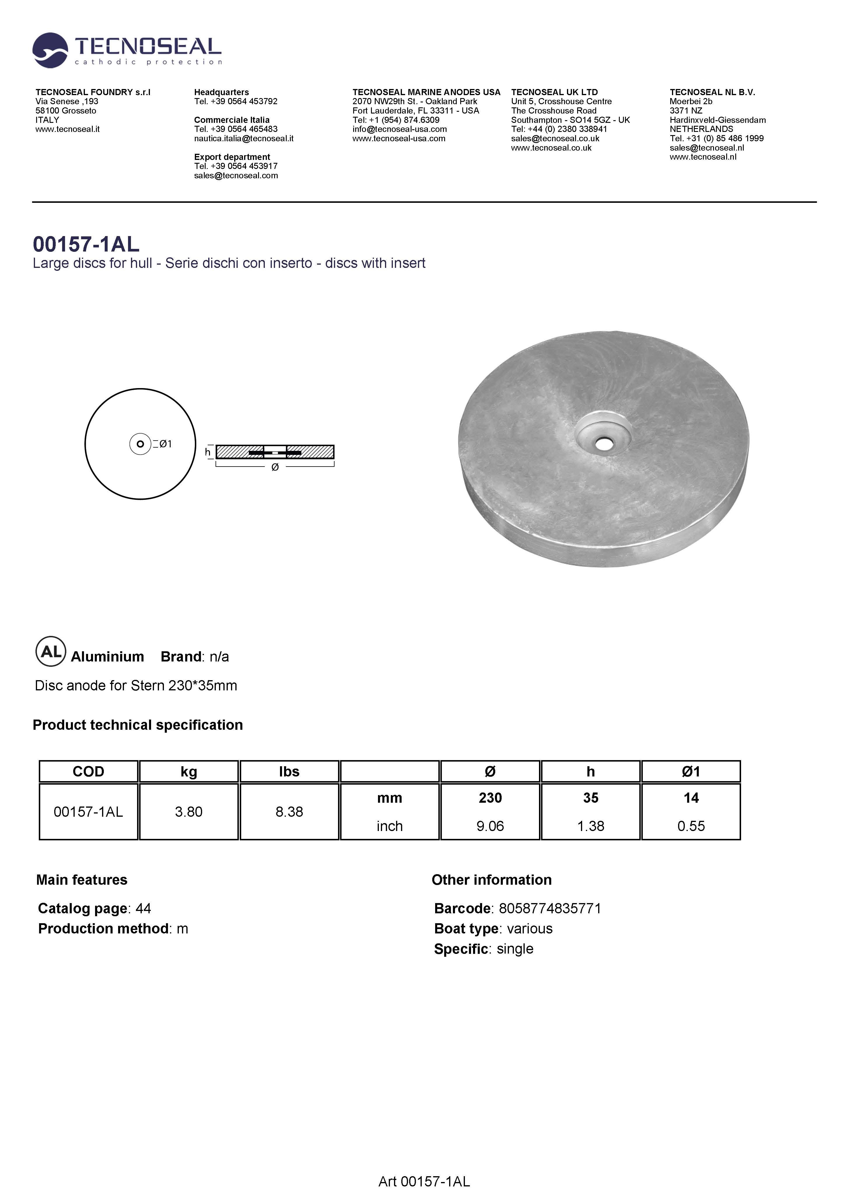 Disc anode for Stern 230*35mm - 00157 1al - 00157-1AL