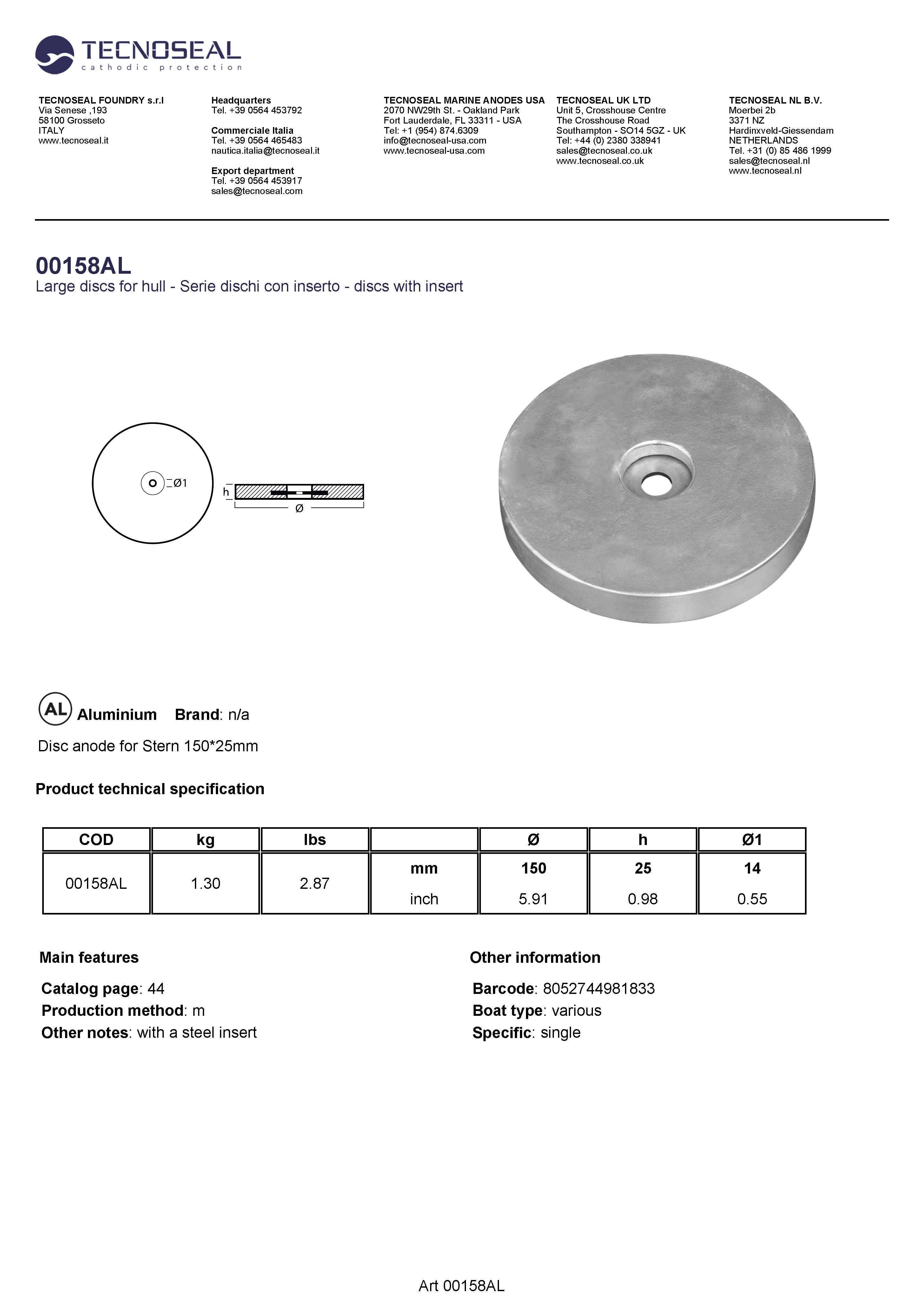 Disc anode for Stern 150*25mm - 00158al - 00158AL