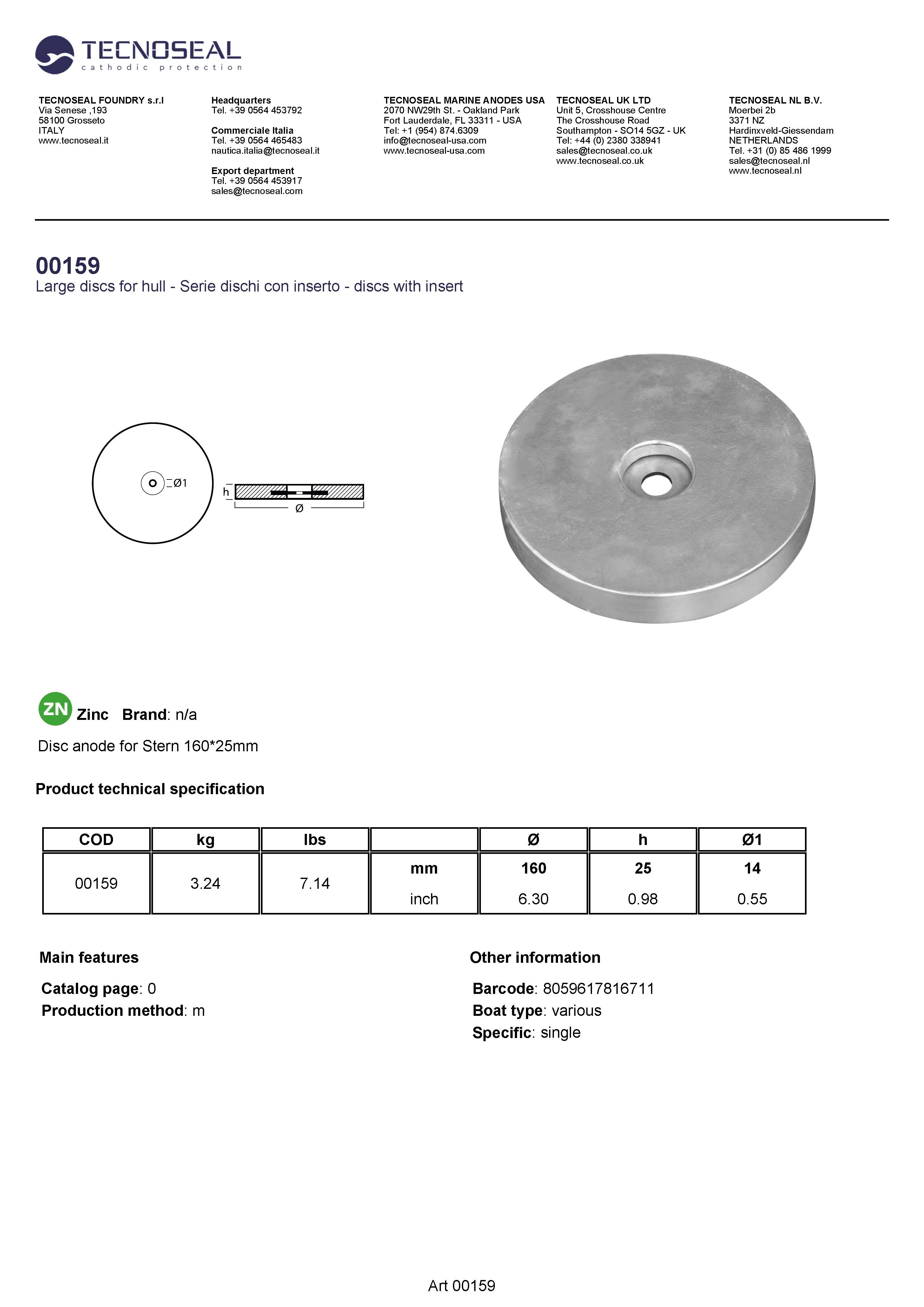Disc anode for Stern 160*25mm - 00159 - 00159