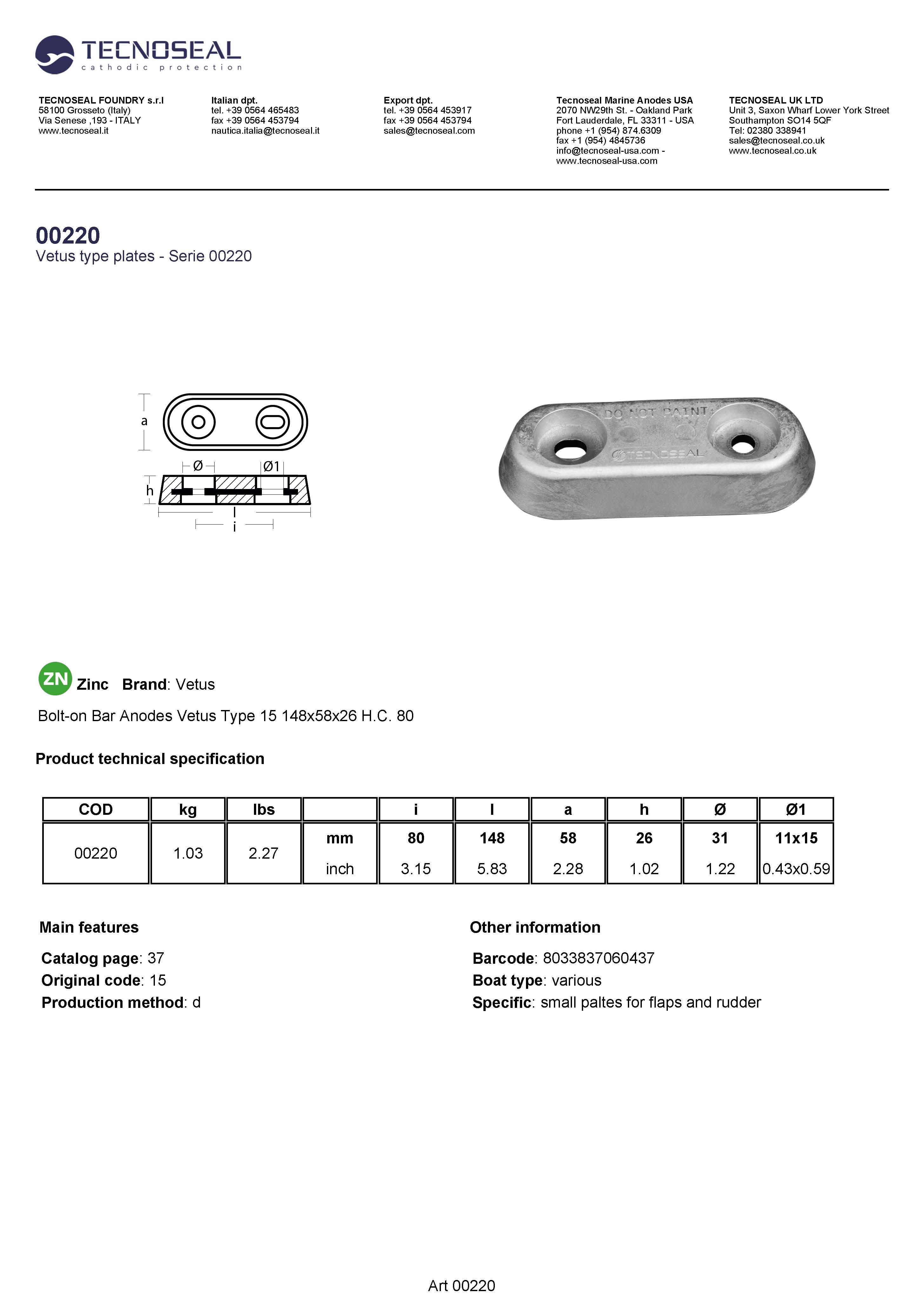 Bolt-on Bar Anodes Vetus Type  15 150x60x25 H.C. 80 - 00220 3 - 00220
