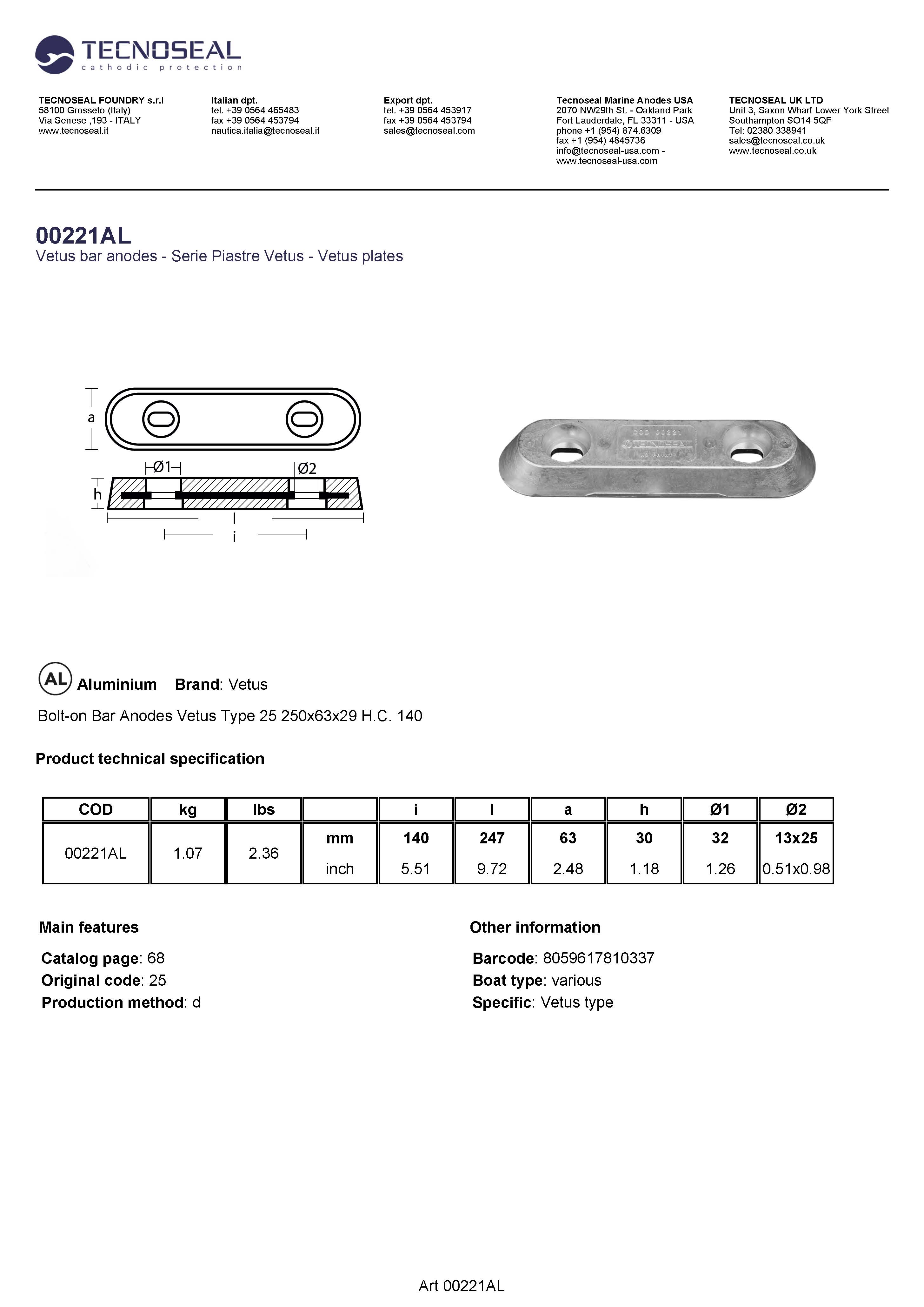 Bolt-on Bar Anodes Vetus Type 25 250x63x29 H.C. 140 - 00221al - 00221AL