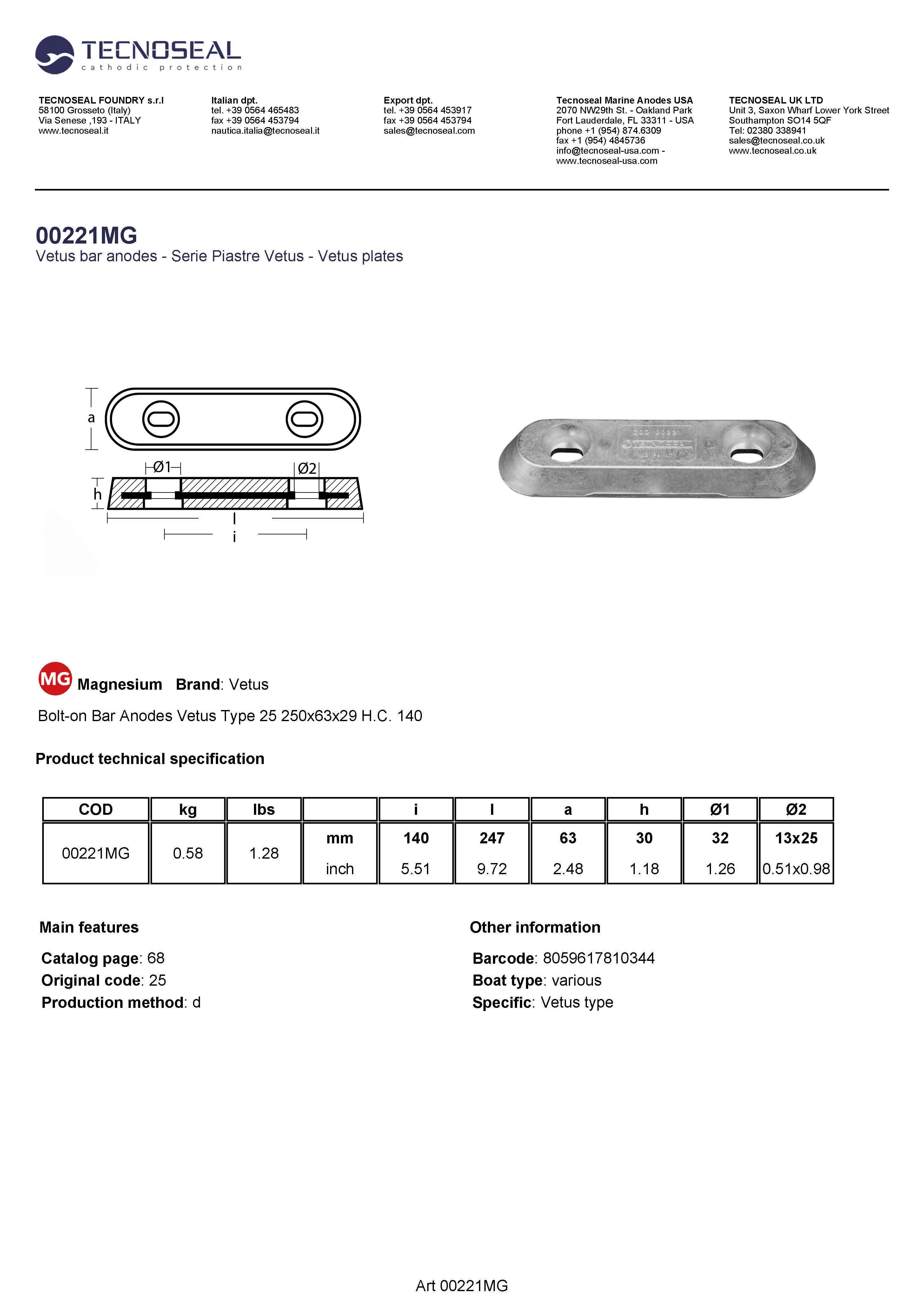 Bolt-on Bar Anodes Vetus Type 25 250x63x29 H.C. 140 - 00221mg - 00221MG