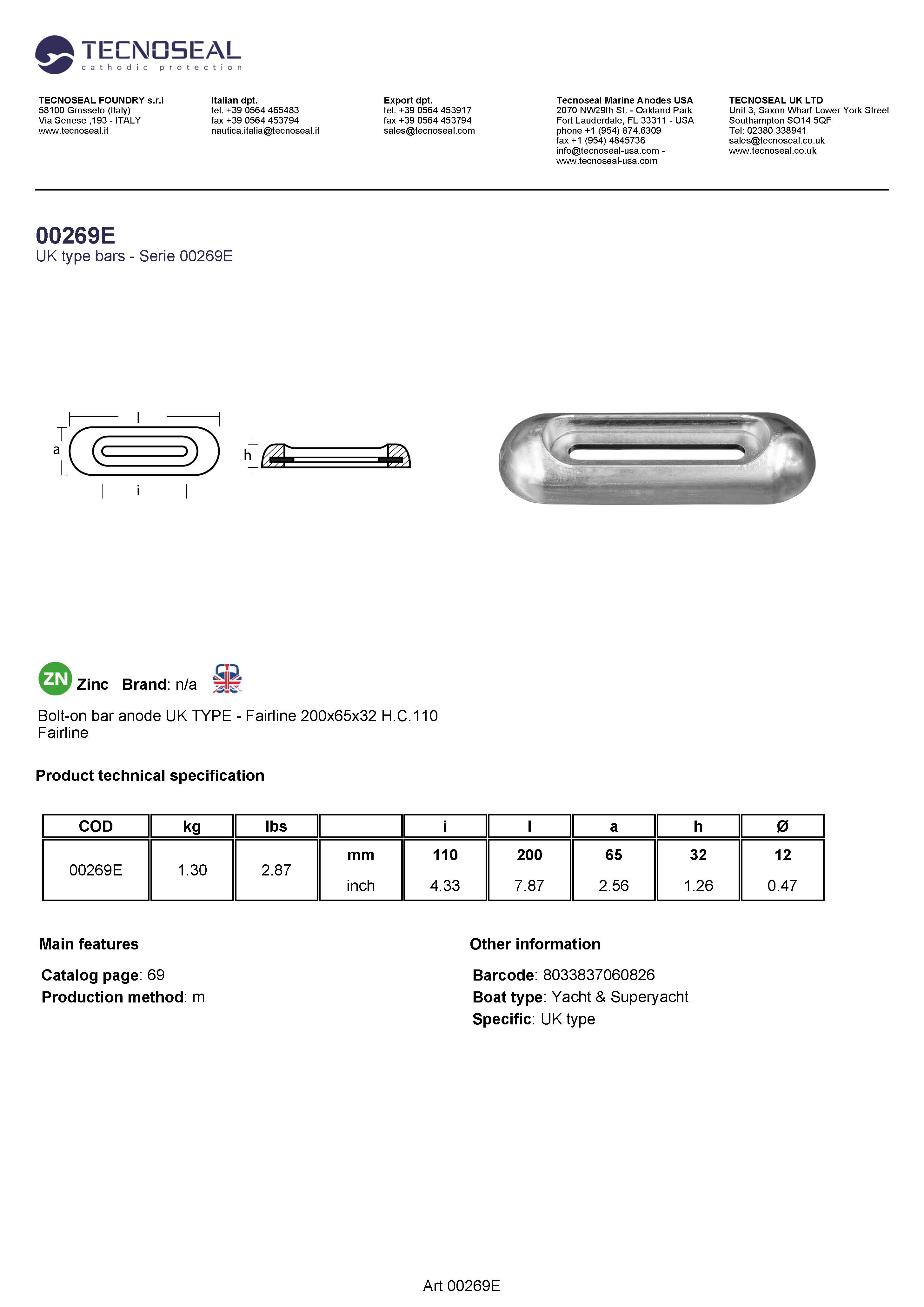 Bolt-on bar anode UK TYPE - Fairline 200x65x32  H.C.110 - 00269e 1 - 00269E