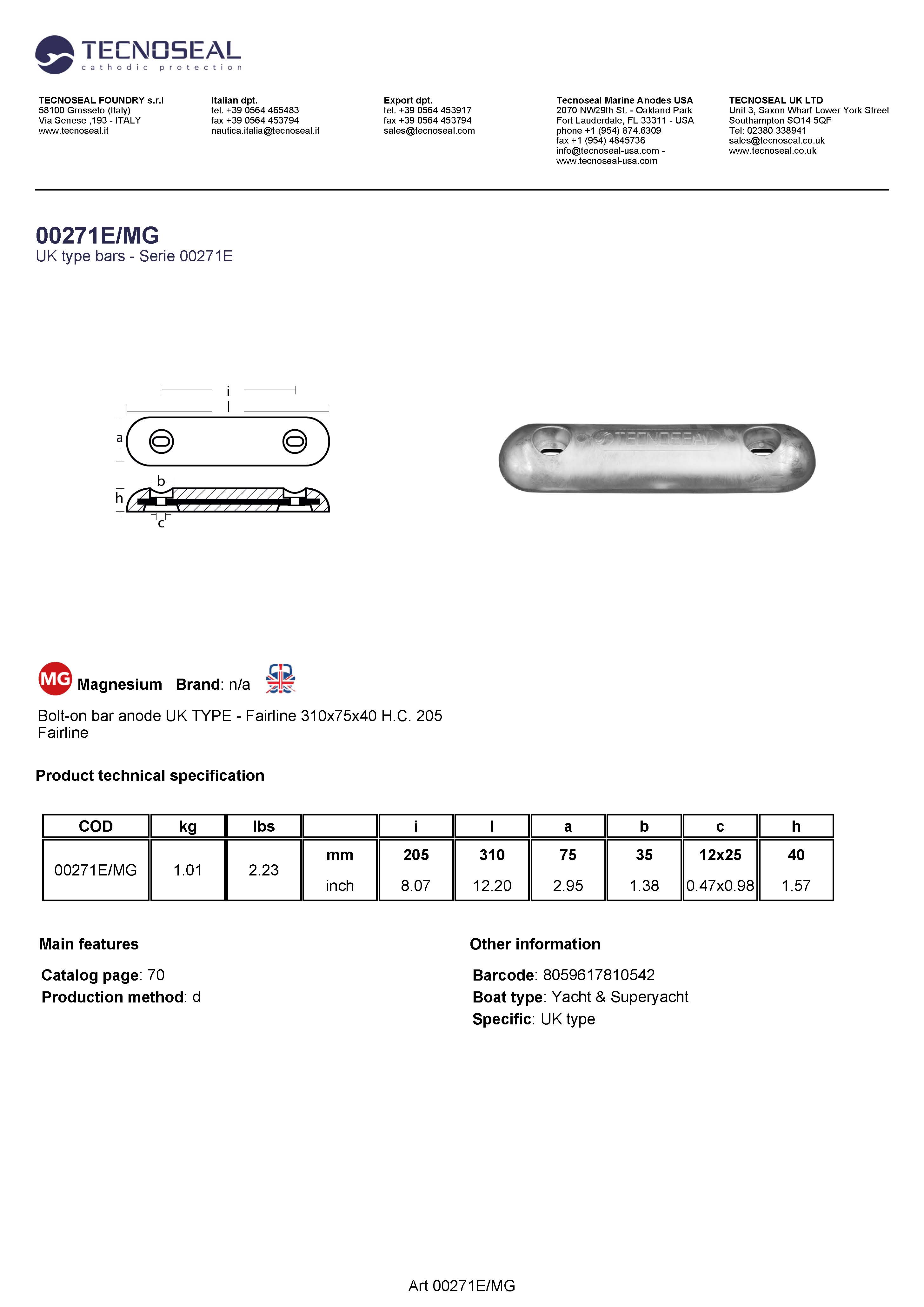 Bolt-on bar anode UK TYPE - Fairline 310x75x40 H.C. 205 - 00271emg - 00271E/MG