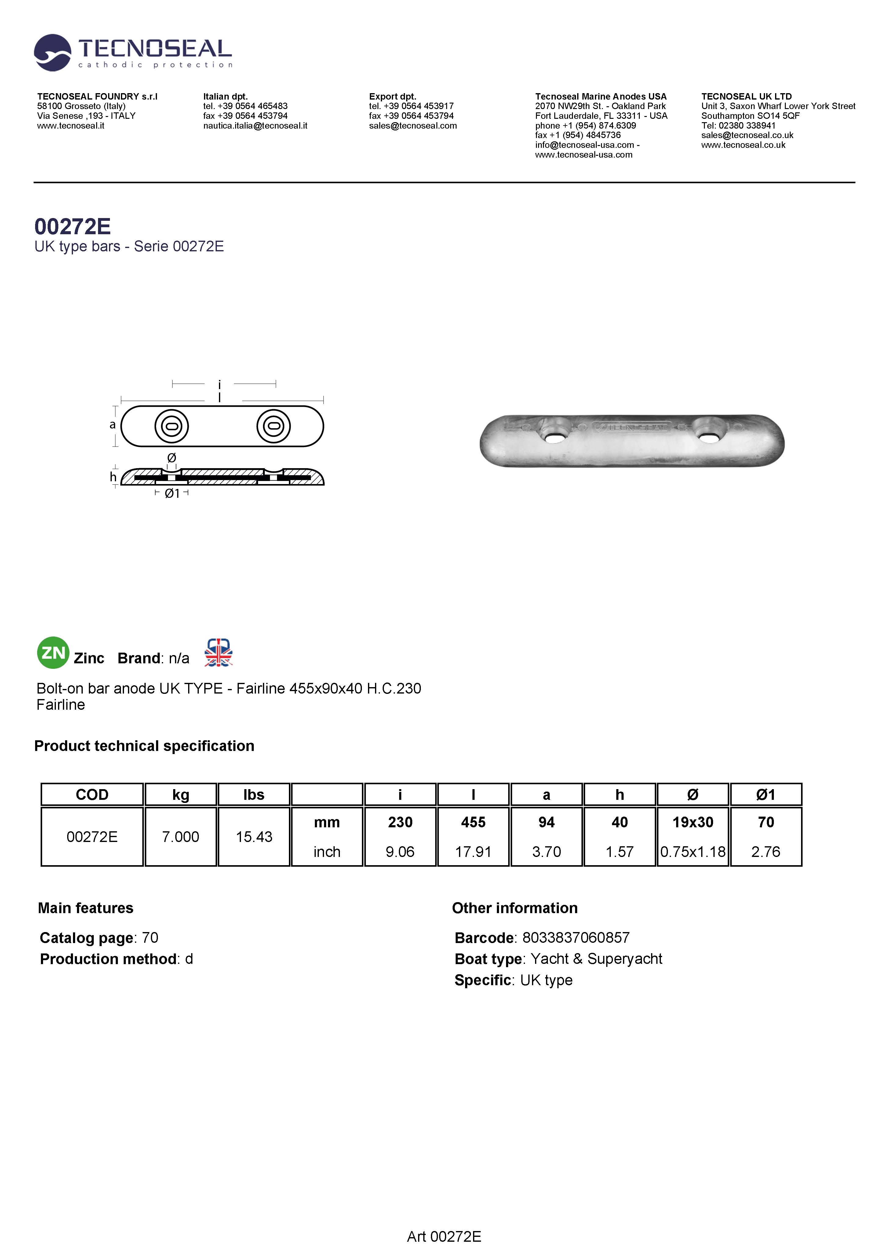 Bolt-on bar anode UK TYPE - Fairline  455x90x40 H.C.230 - 00272e 1 - 00272E