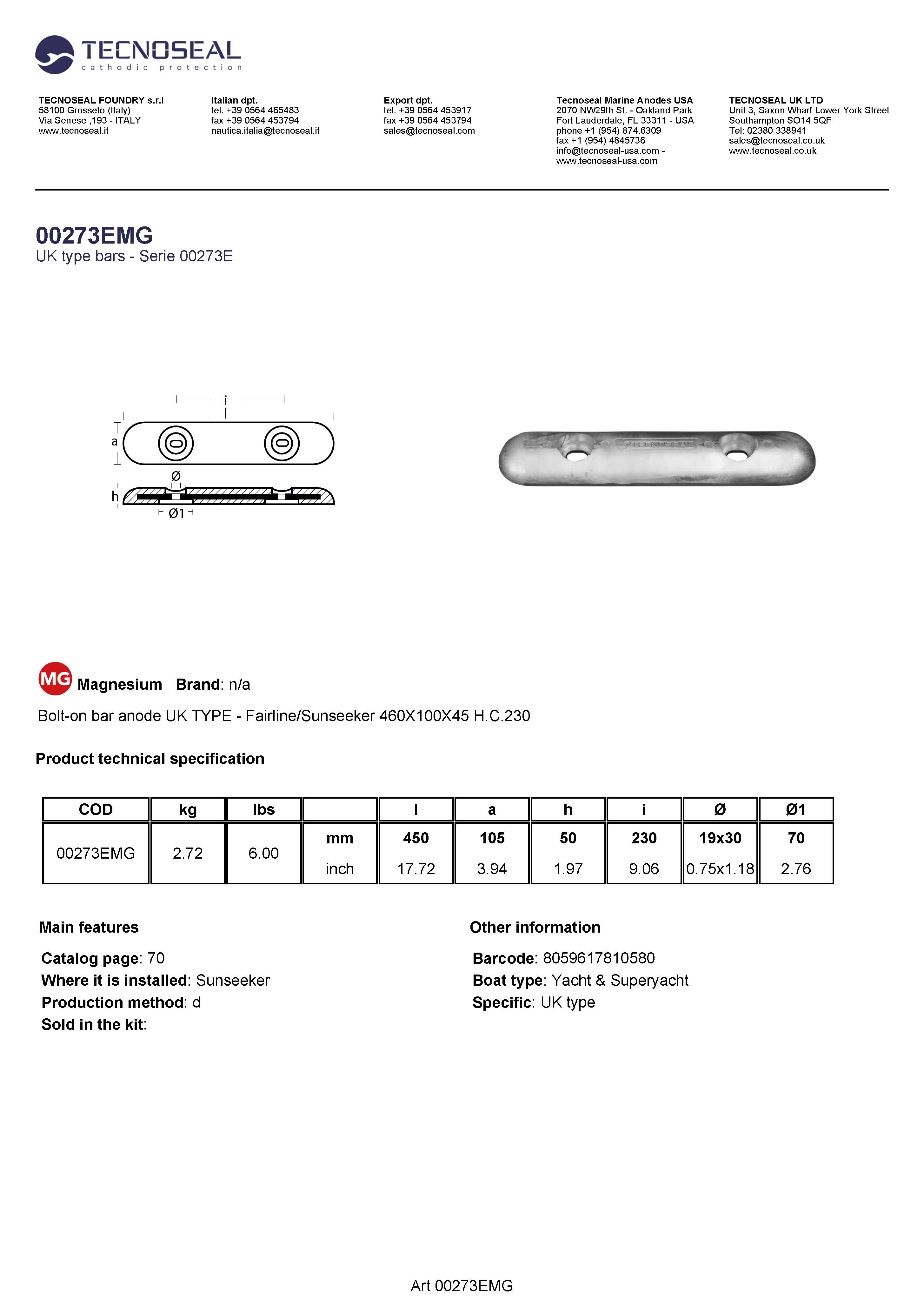 Bolt-on bar anode UK TYPE - Fairline 460X100X45 H.C.230 - 00273emg - 00273EMG