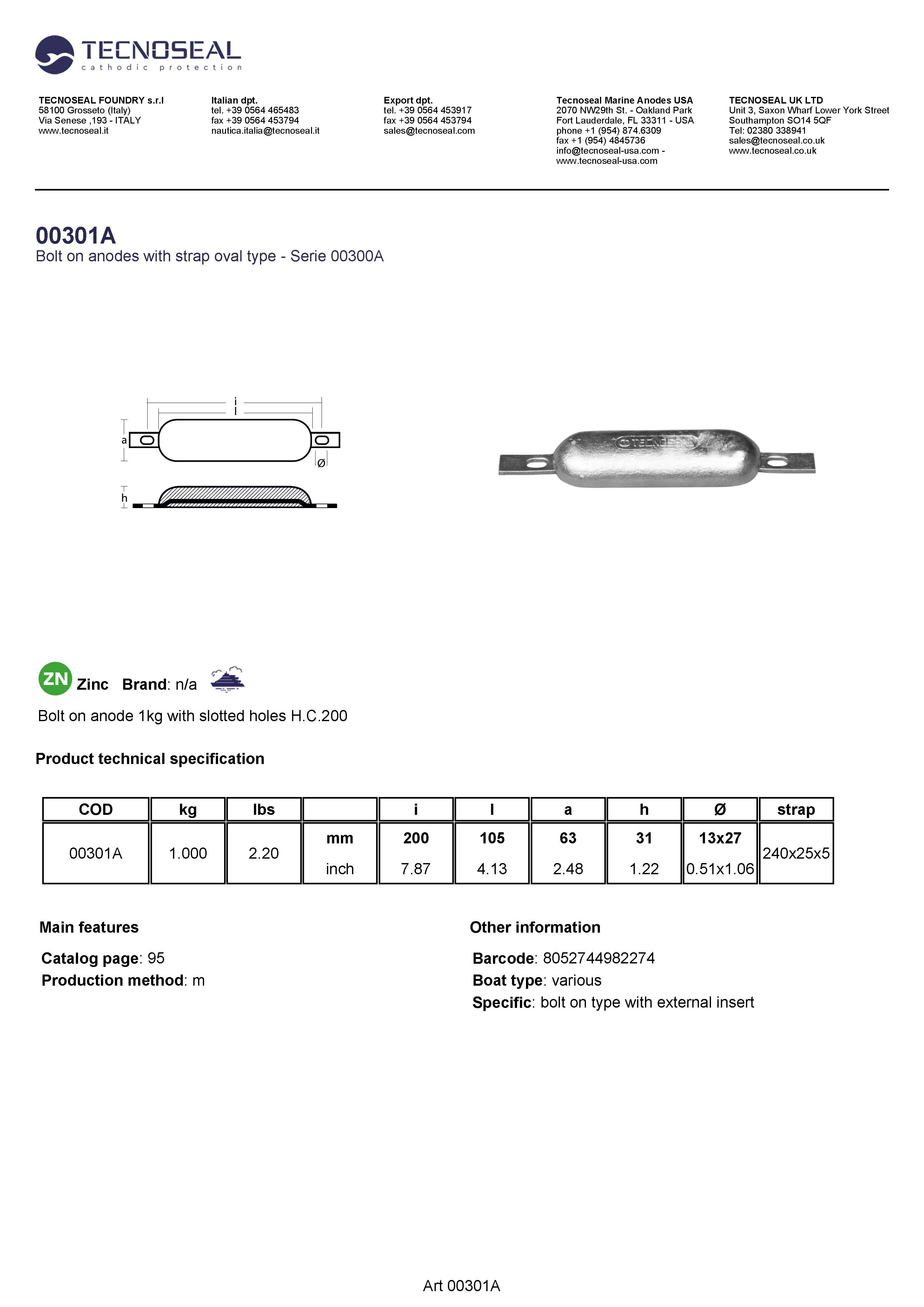 Bolt on anode 1kg with slotted holes H.C.200 - 00301a - 00301A