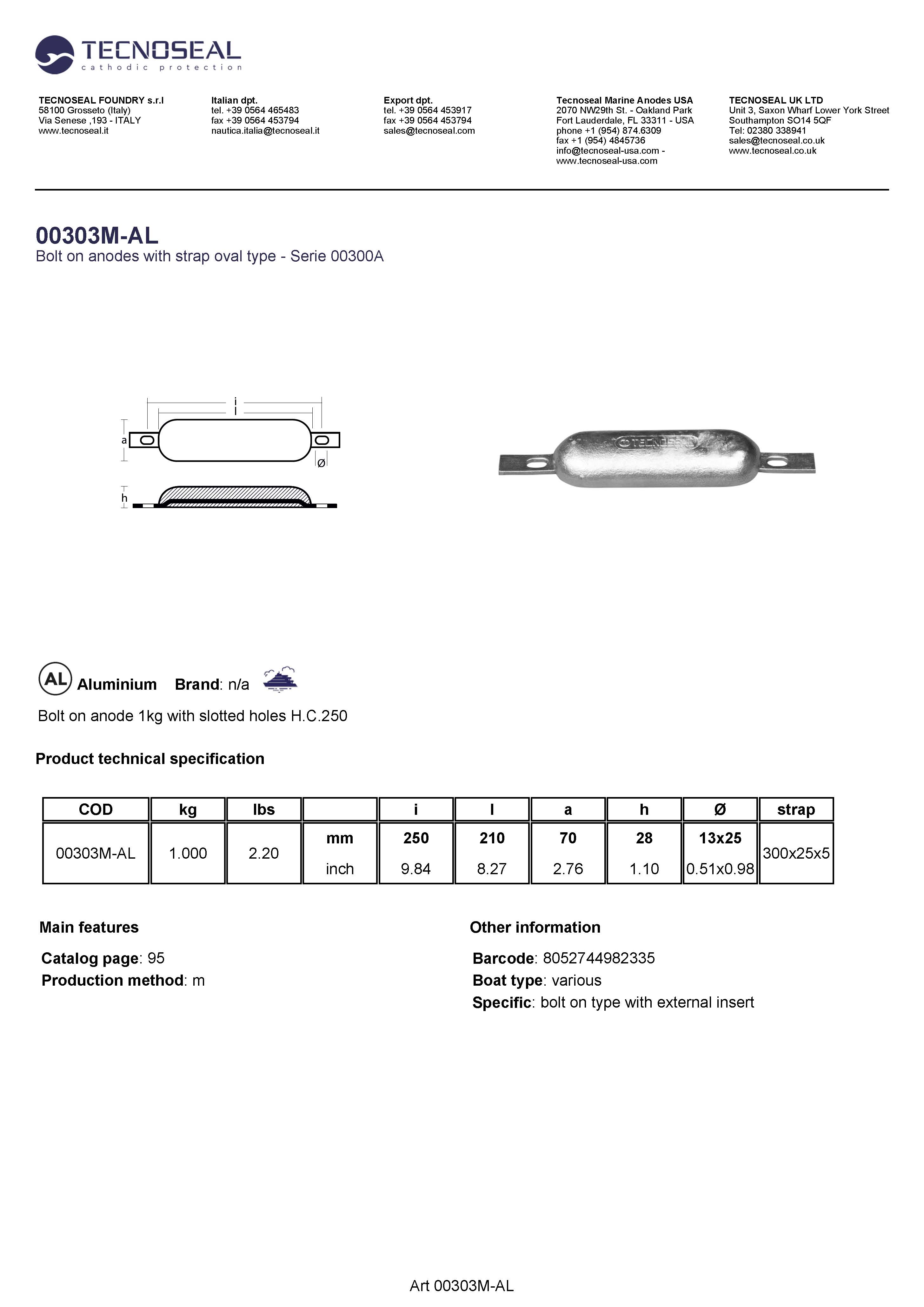 Bolt on anode 1kg with slotted holes H.C.250 - 00303mal - 00303MALSF