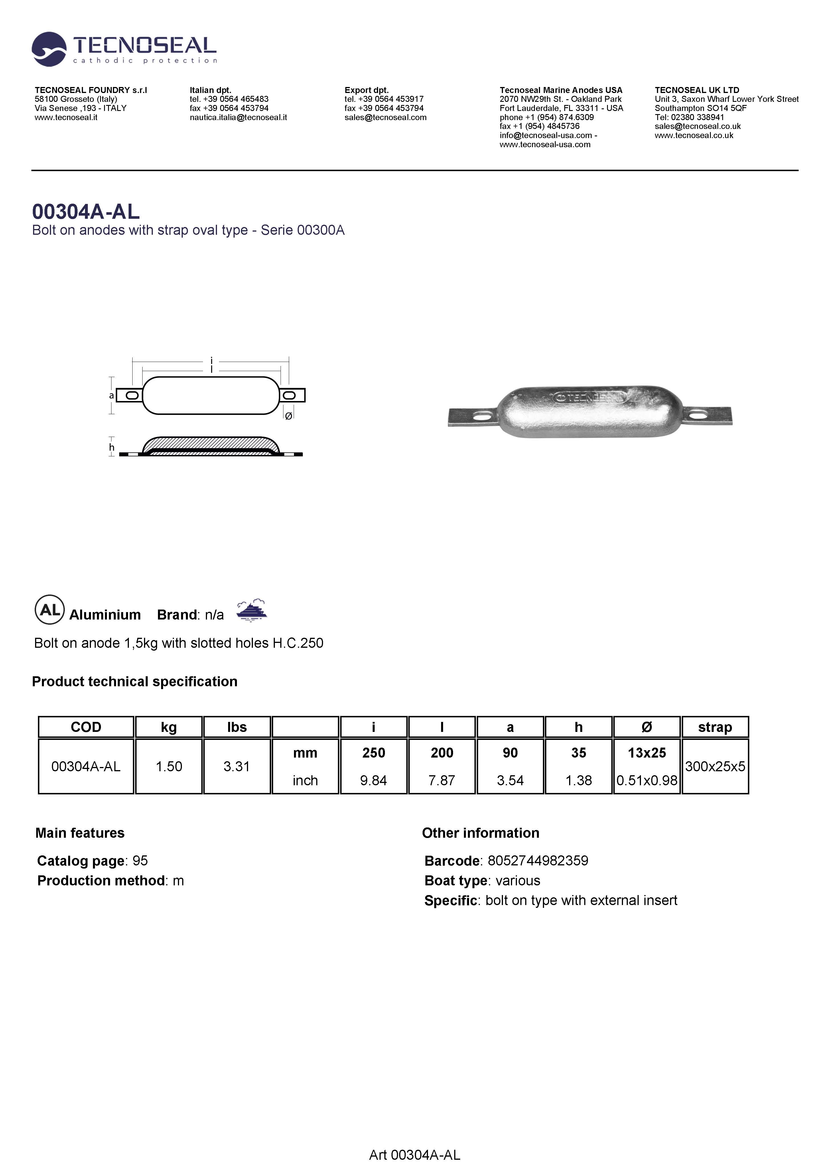 Bolt on anode 1,5kg with slotted holes H.C.250 - 00304aal - 00304A-AL