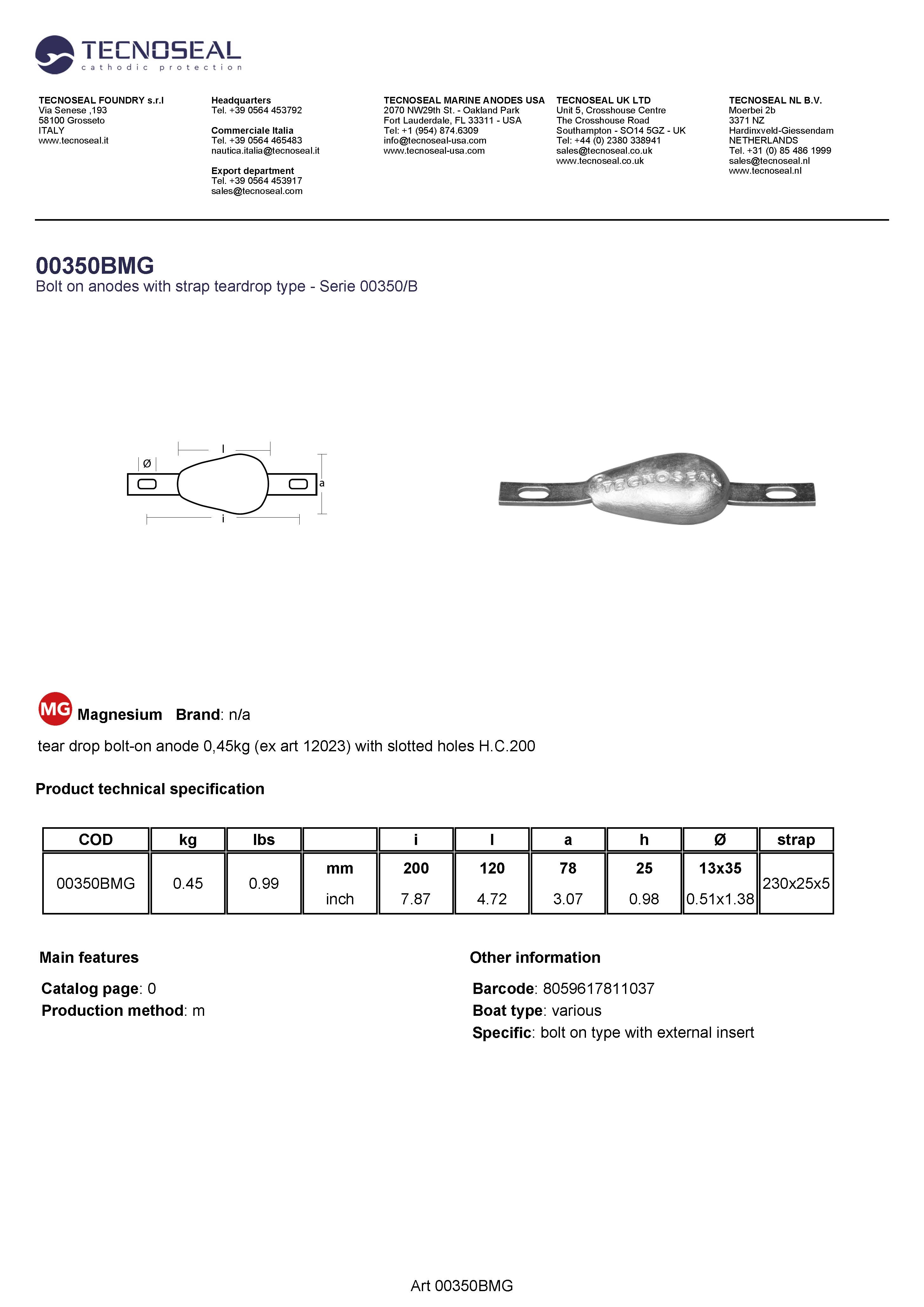 tear drop bolt-on anode 0,3kg (ex art 12023) holes H.C.200 - 00350bmg - 00350BMG