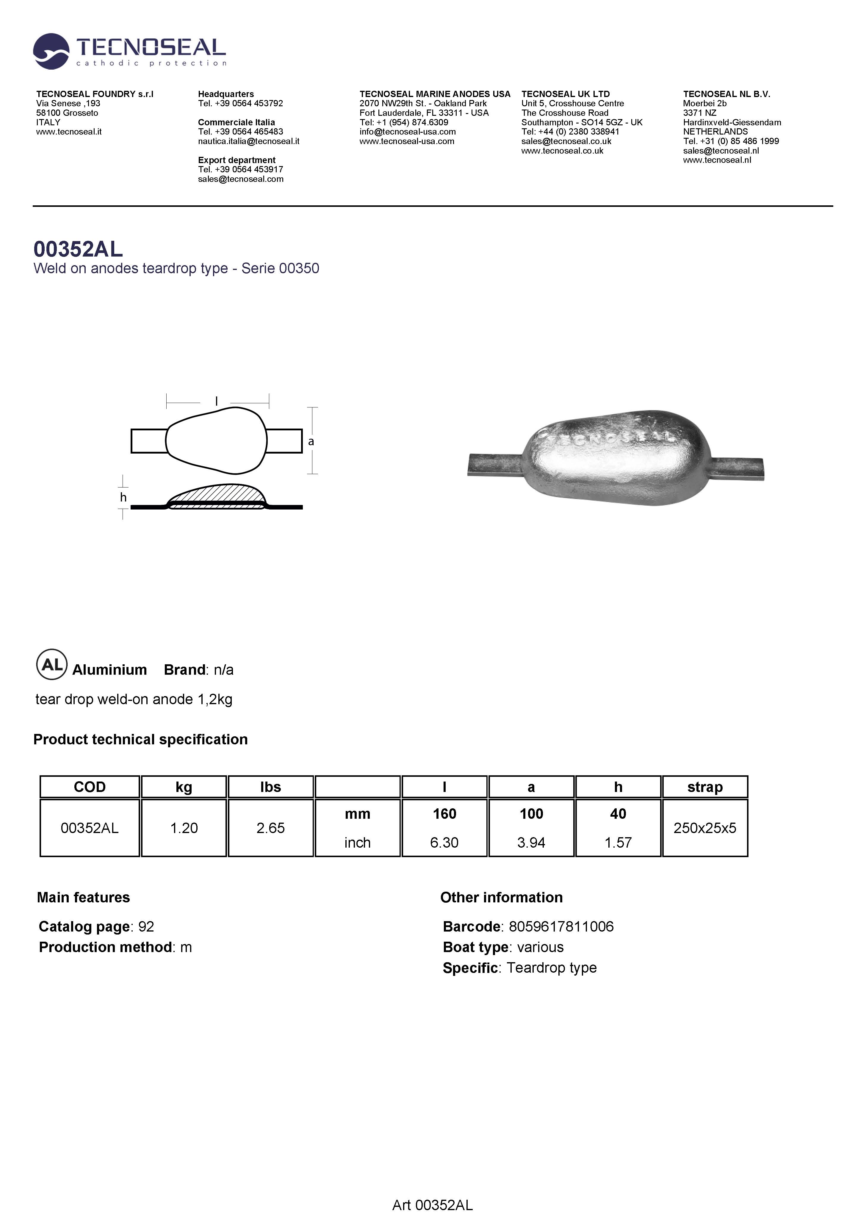 tear drop weld-on anode 1,2kg - 00352al - 00352AL