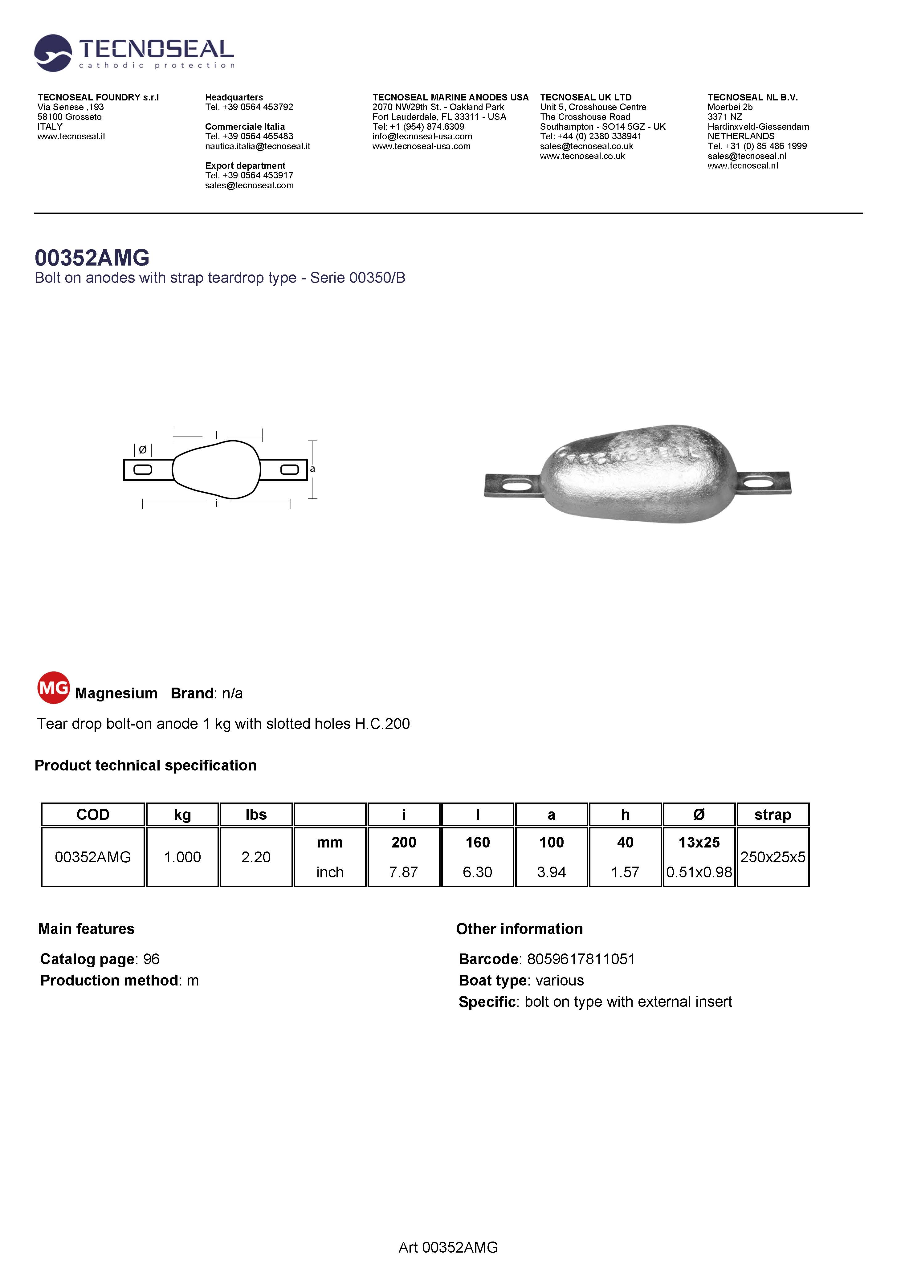 tear drop bolt-on anode 1 kg with slotted holes H.C.200 - 00352amg - 00352AMG