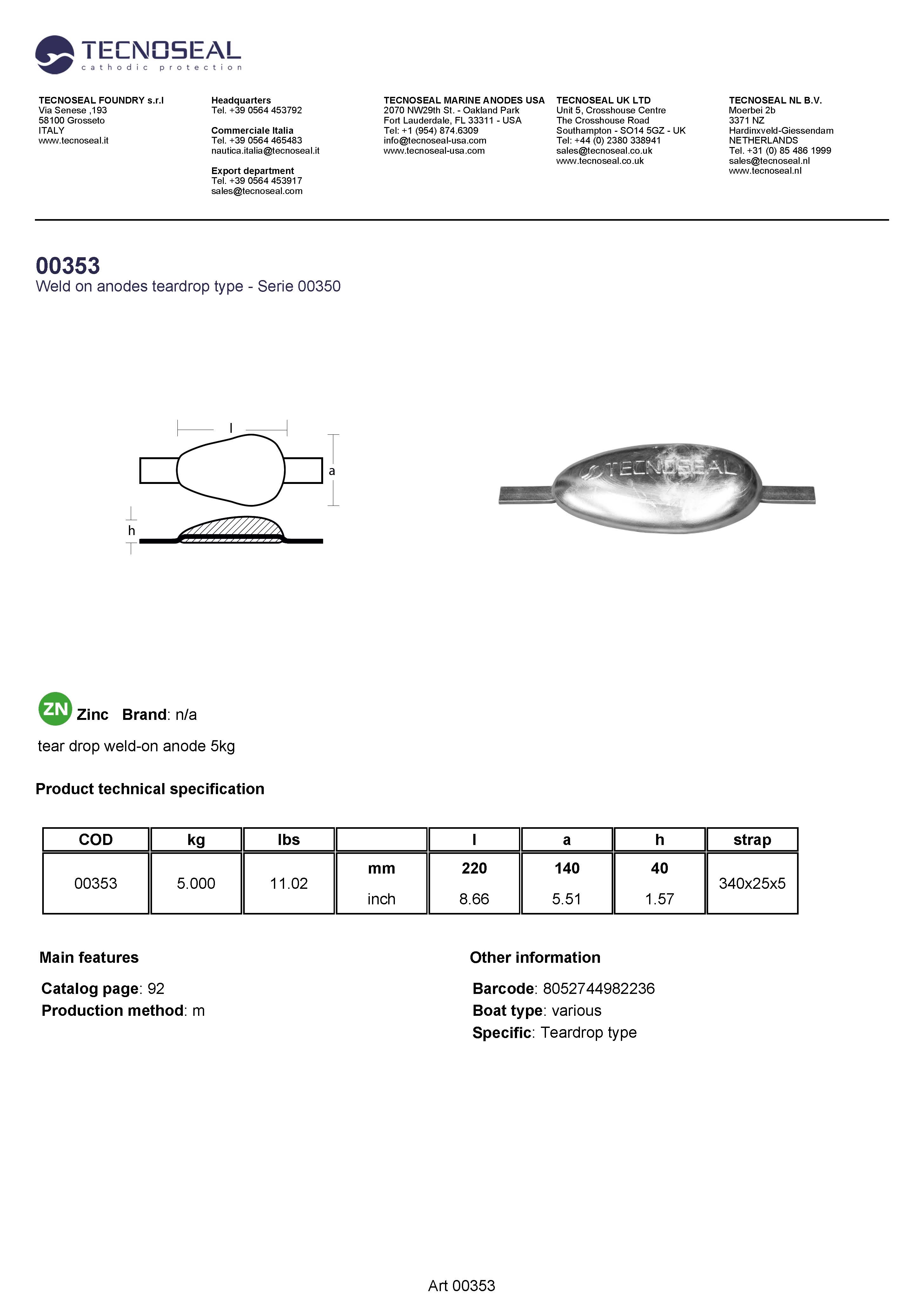 tear drop weld-on anode 5kg - 00353 3 - 00353