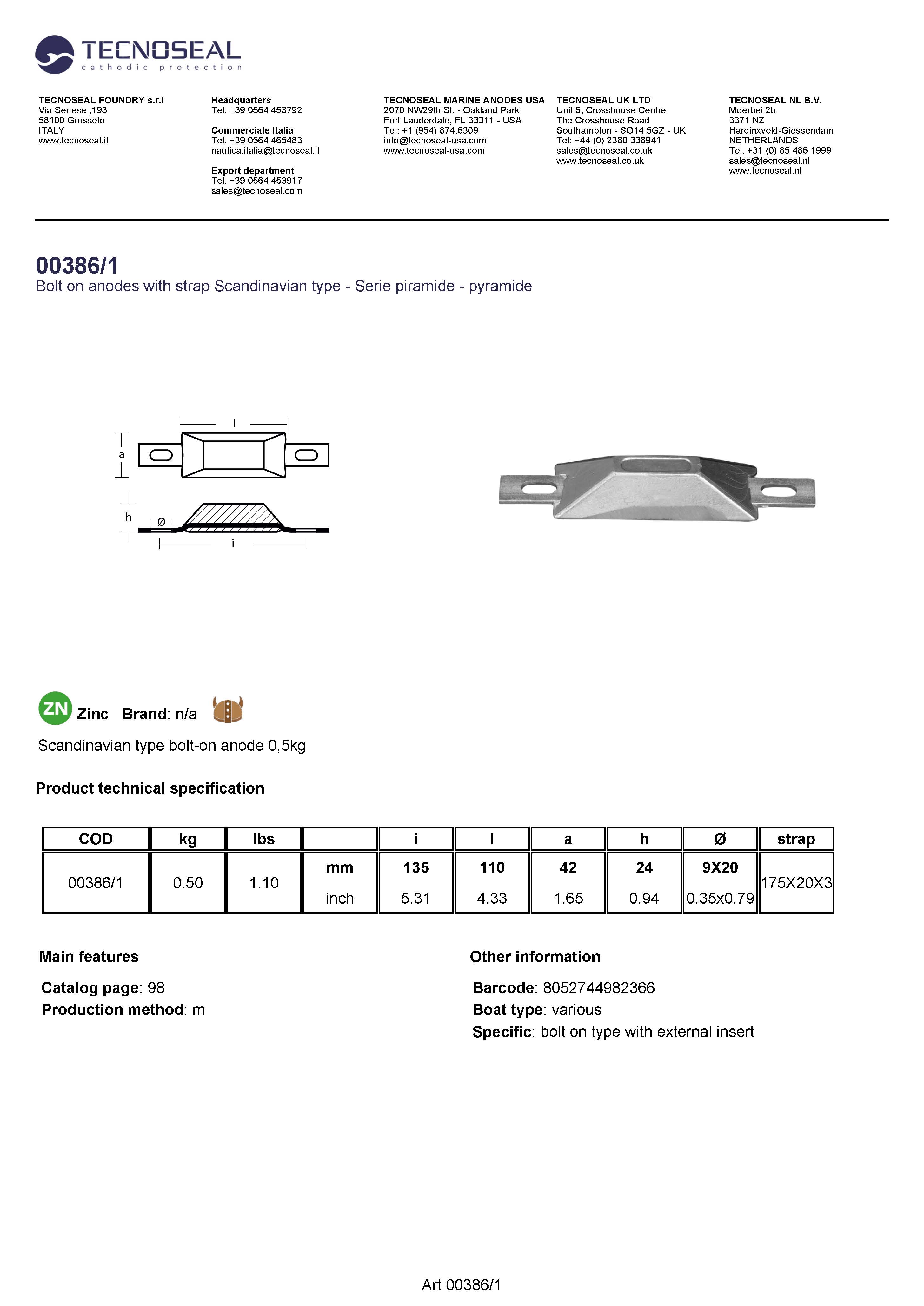 Scandinavian type bolt-on anode 0,5kg - 003861 - 00386/1