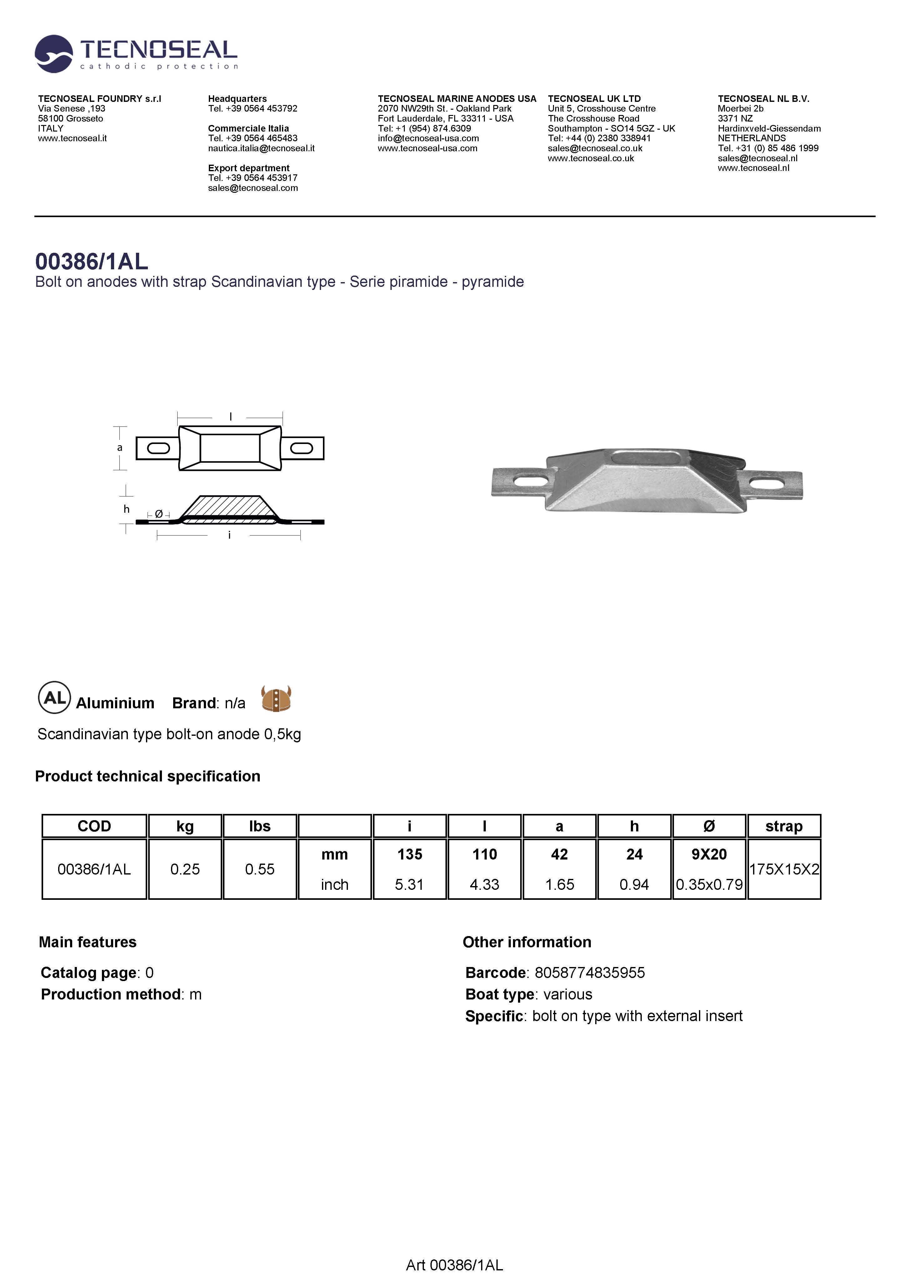 Scandinavian type bolt-on anode 0,3kg - 003861al - 00386/1AL