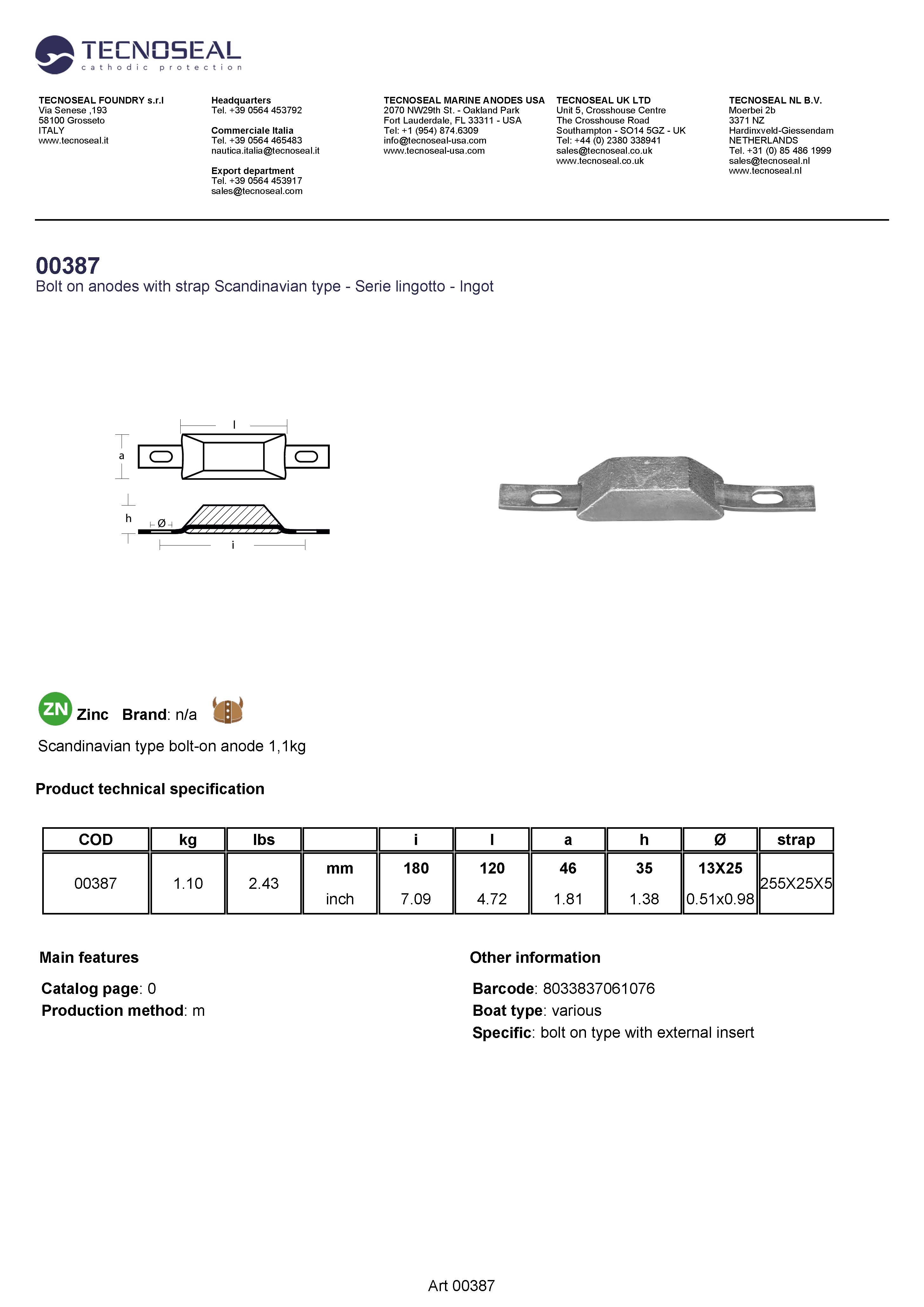 Scandinavian type bolt-on anode 1,1kg - 00387 2 - 00387