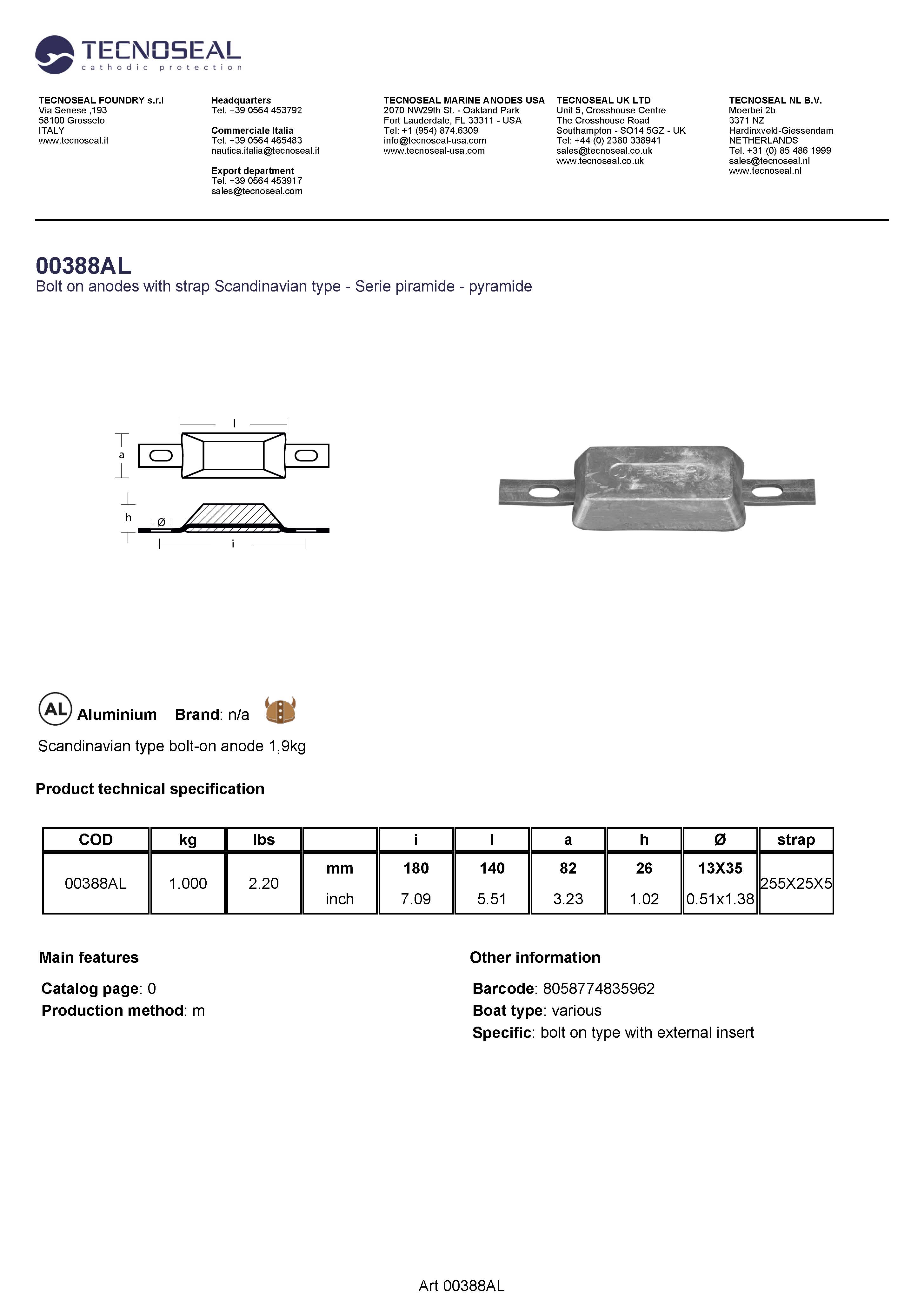 Scandinavian type bolt-on anode 1,0kg - 00388al - 00388AL