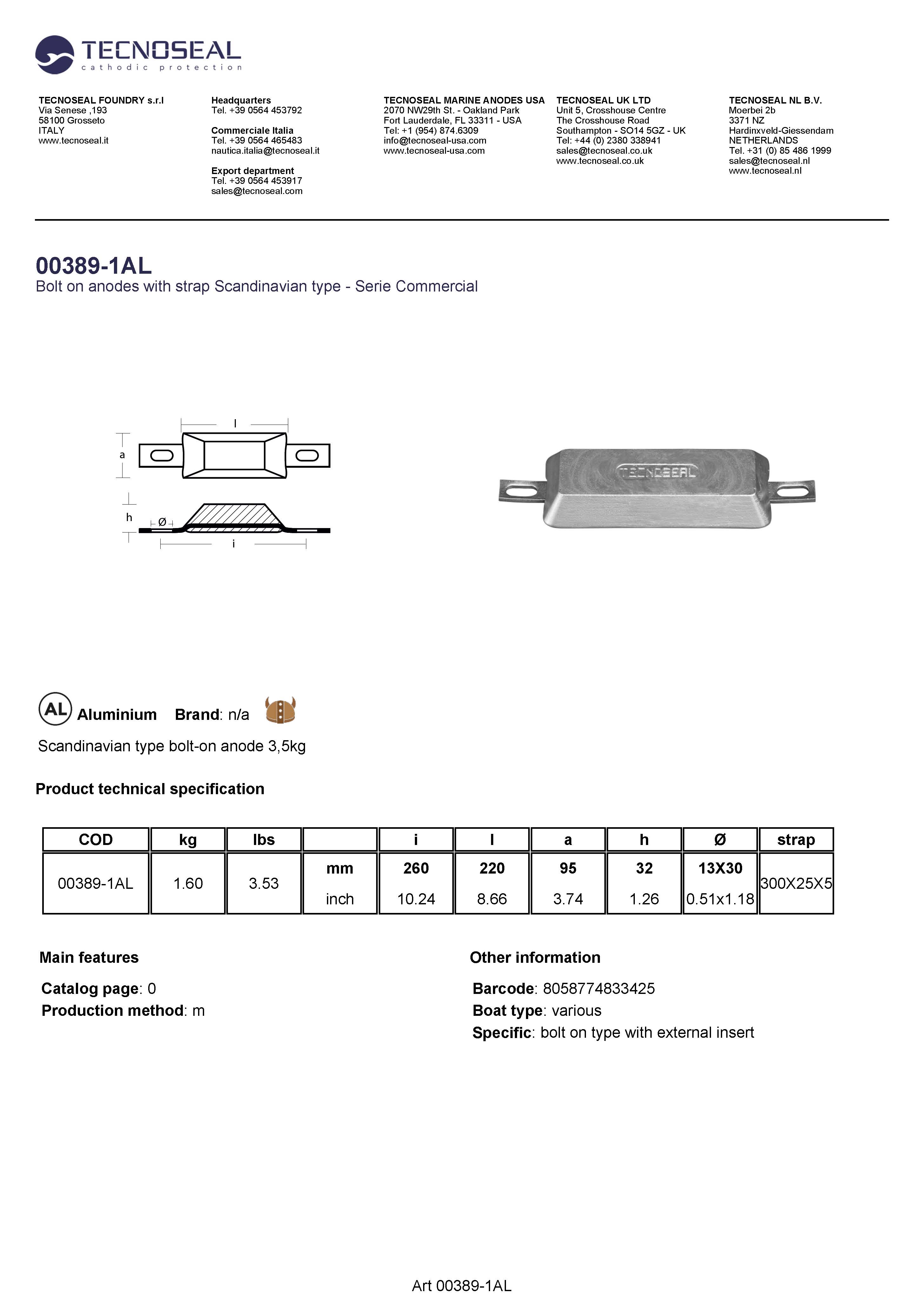 Scandinavian type bolt-on anode 1,6kg - 00389 1al - 00389-1AL
