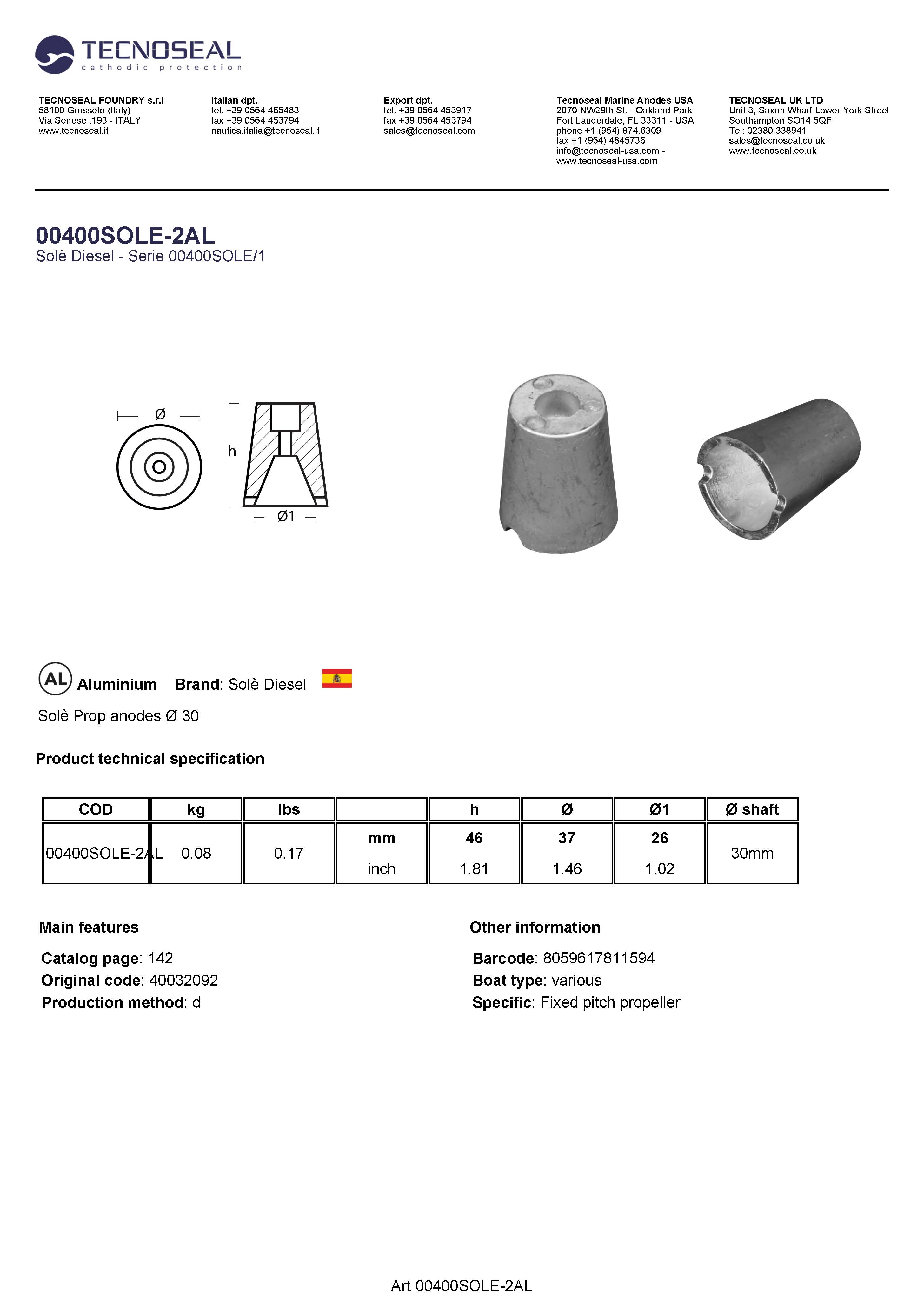 Sol&egrave; Prop anodes &Oslash; 37 - 00400sole 2al - 00400SOLE-2AL