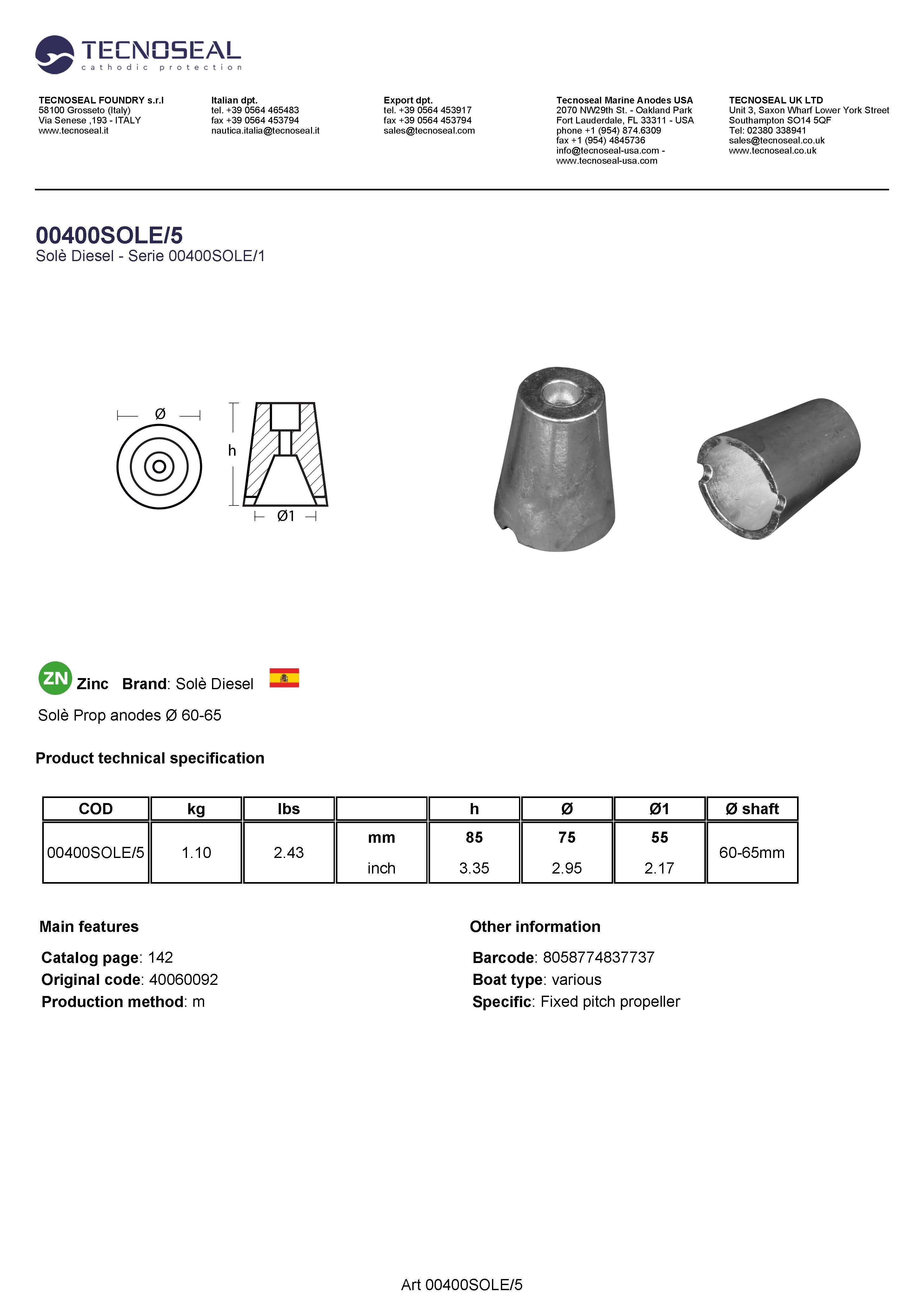Sol&egrave; Prop anodes &Oslash; 60 - 00400sole5 1 - 00400SOLE/5