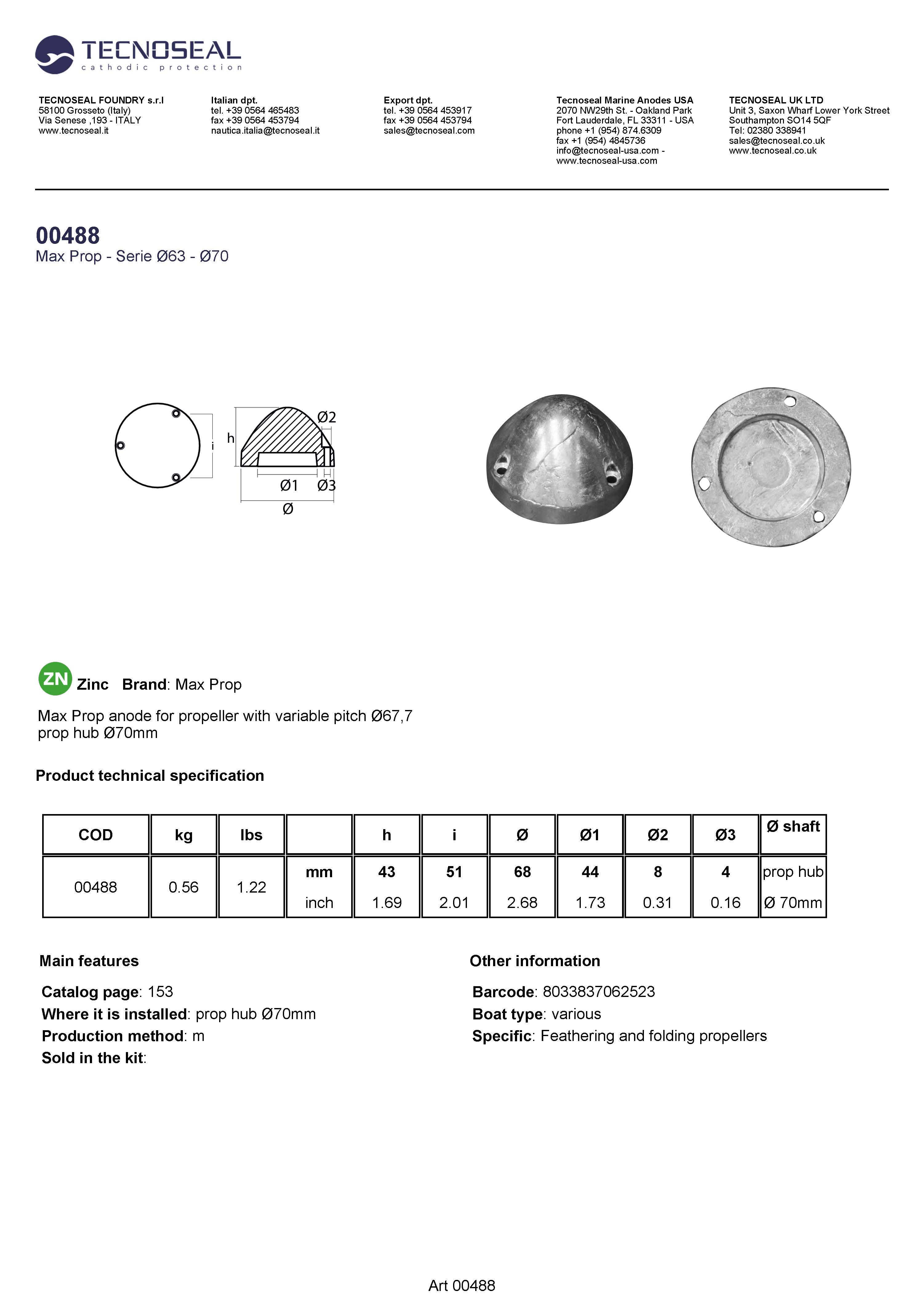 Max Prop anode for propeller with variable pitch &Oslash;67,7 - 00488 1 - 00488