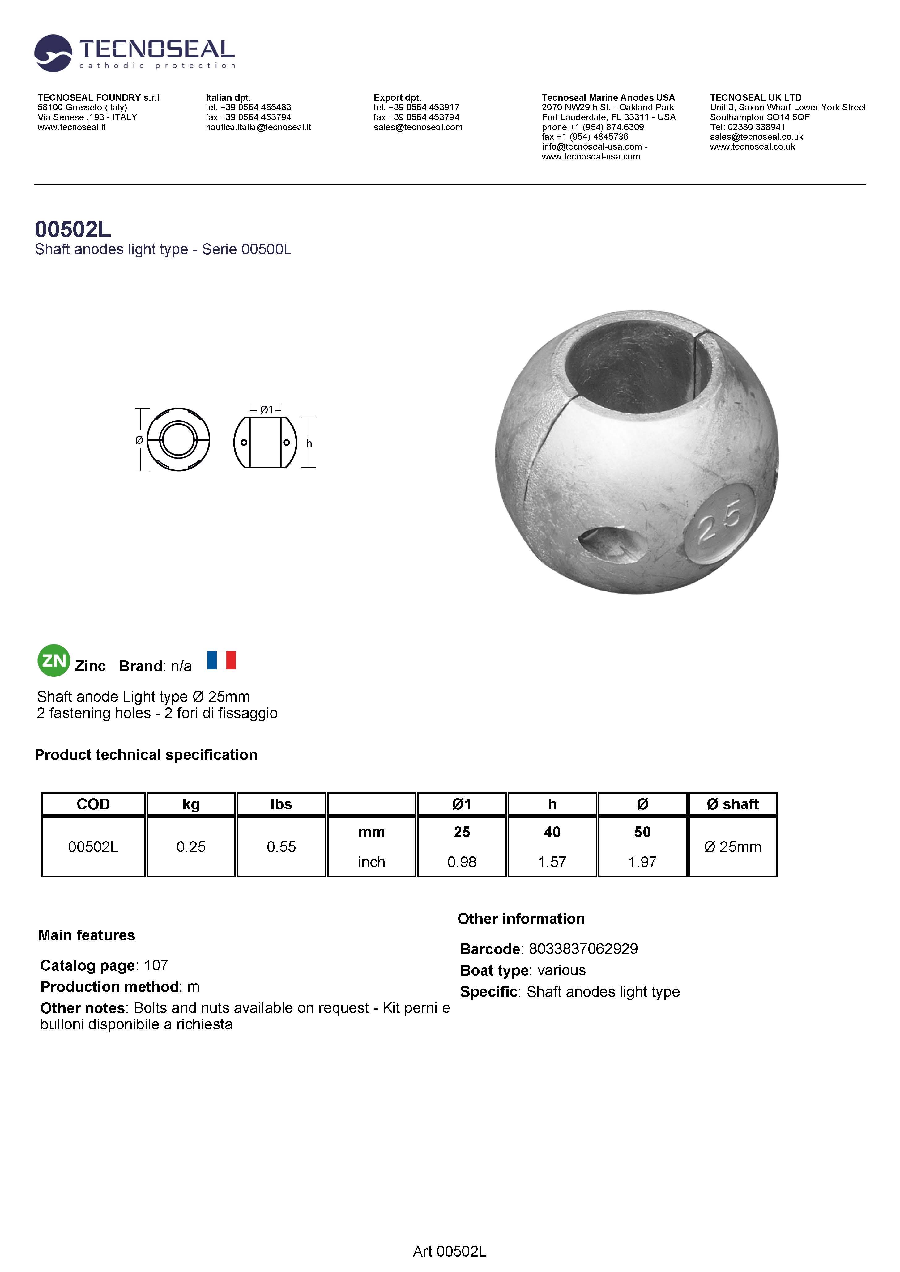 Shaft anode Light type &Oslash;  25mm - 00502l 1 - 00502L