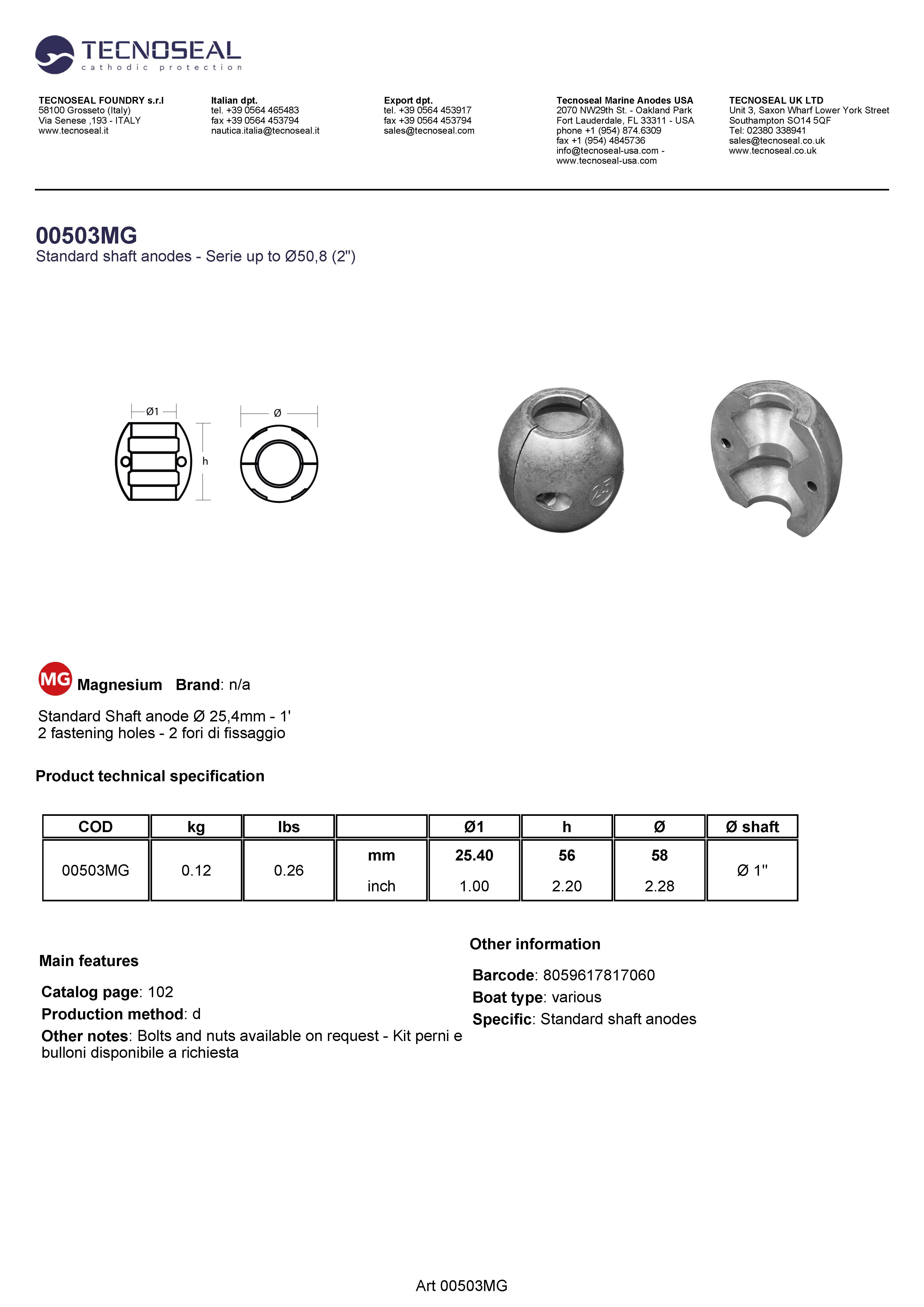 Shaft anode &Oslash; 25,4mm - 1' - 00503mg - 00503MG