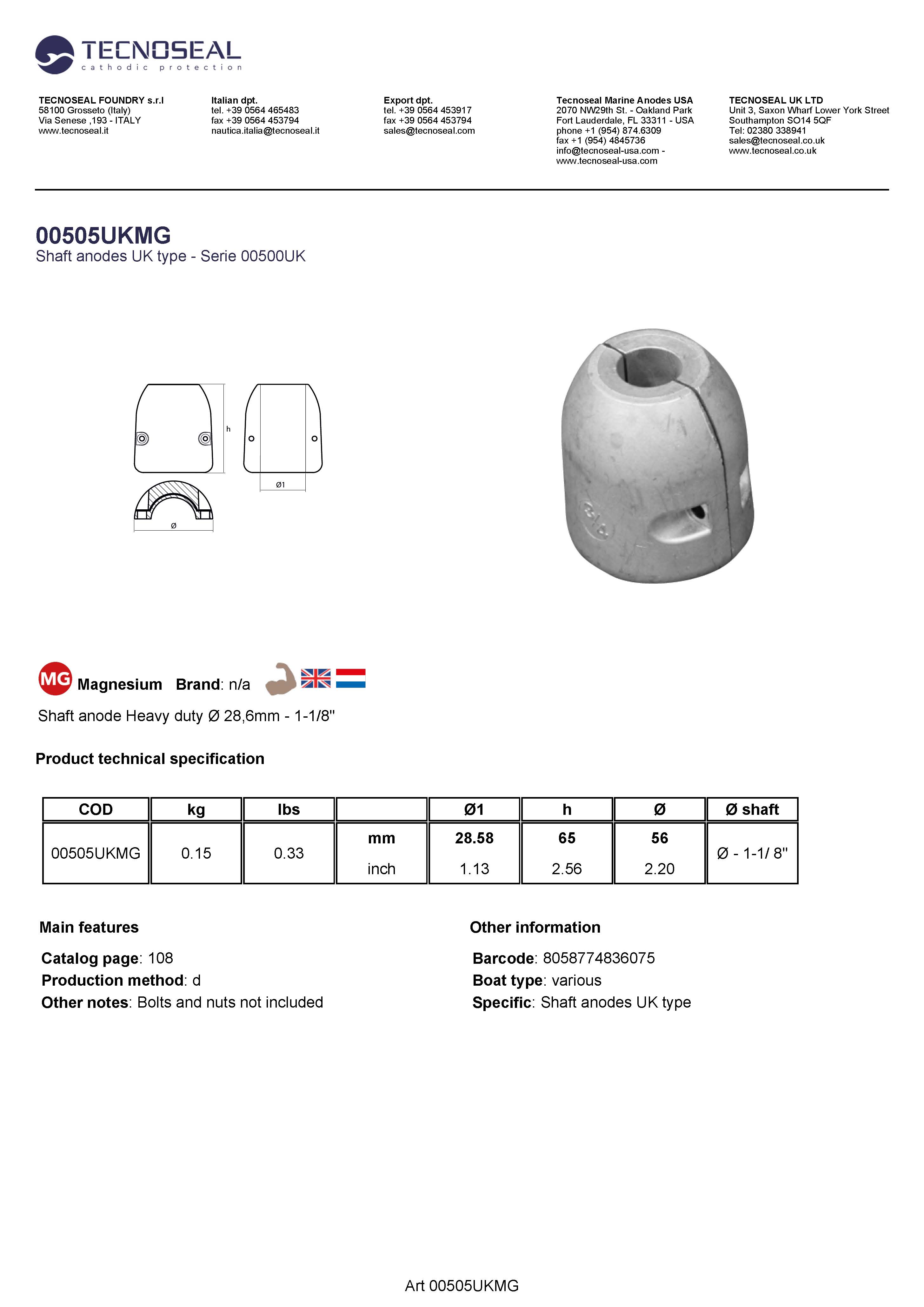 Shaft anode Heavy duty  &Oslash;  28,6mm -   1-1/8'' - 00505ukmg - 00505UKMG