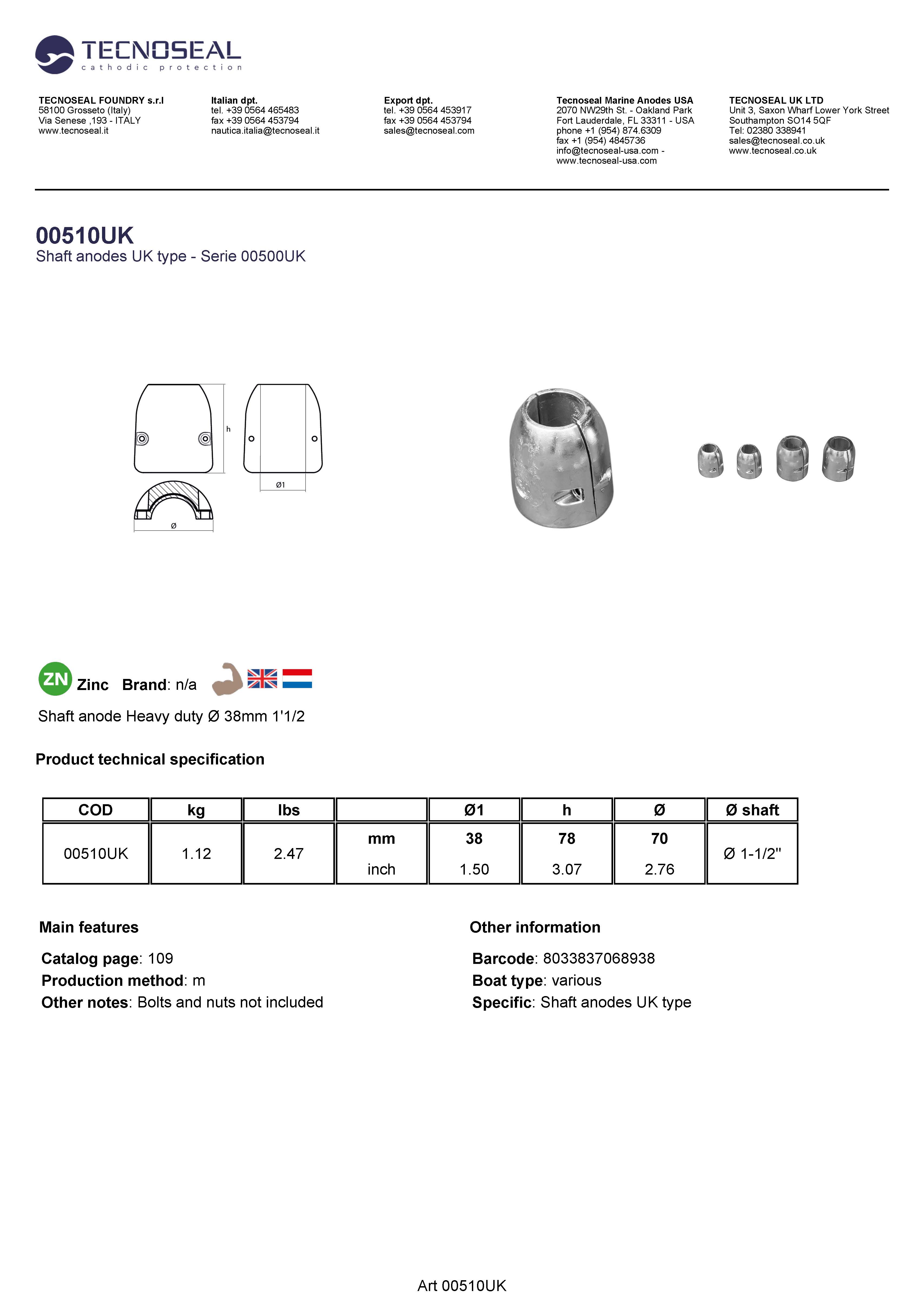 Shaft anode Heavy duty  &Oslash;  38mm 1'1/2 - 00510uk 1 - 00510UK
