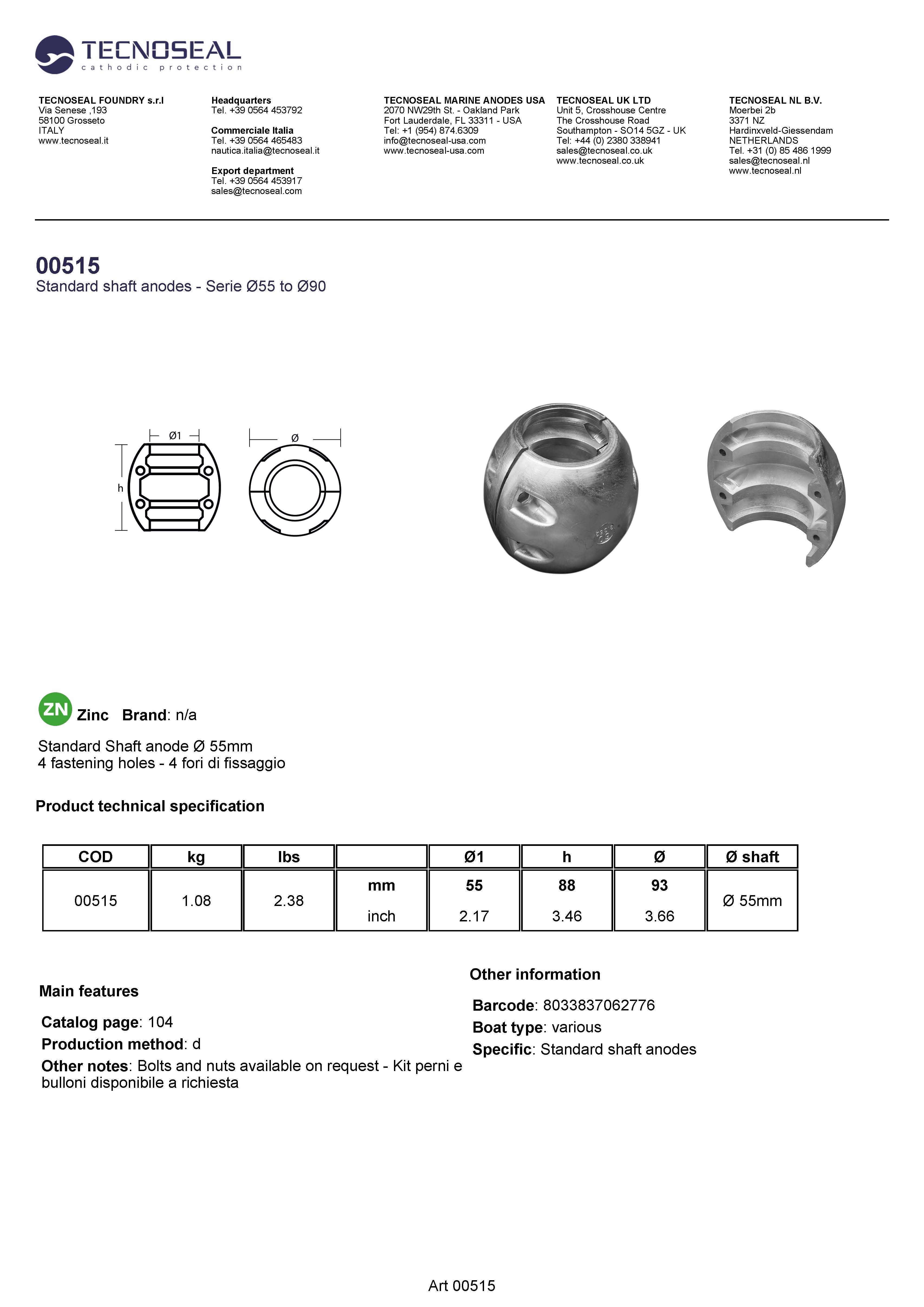 Shaft anode &Oslash; 55mm - 00515 - 00515
