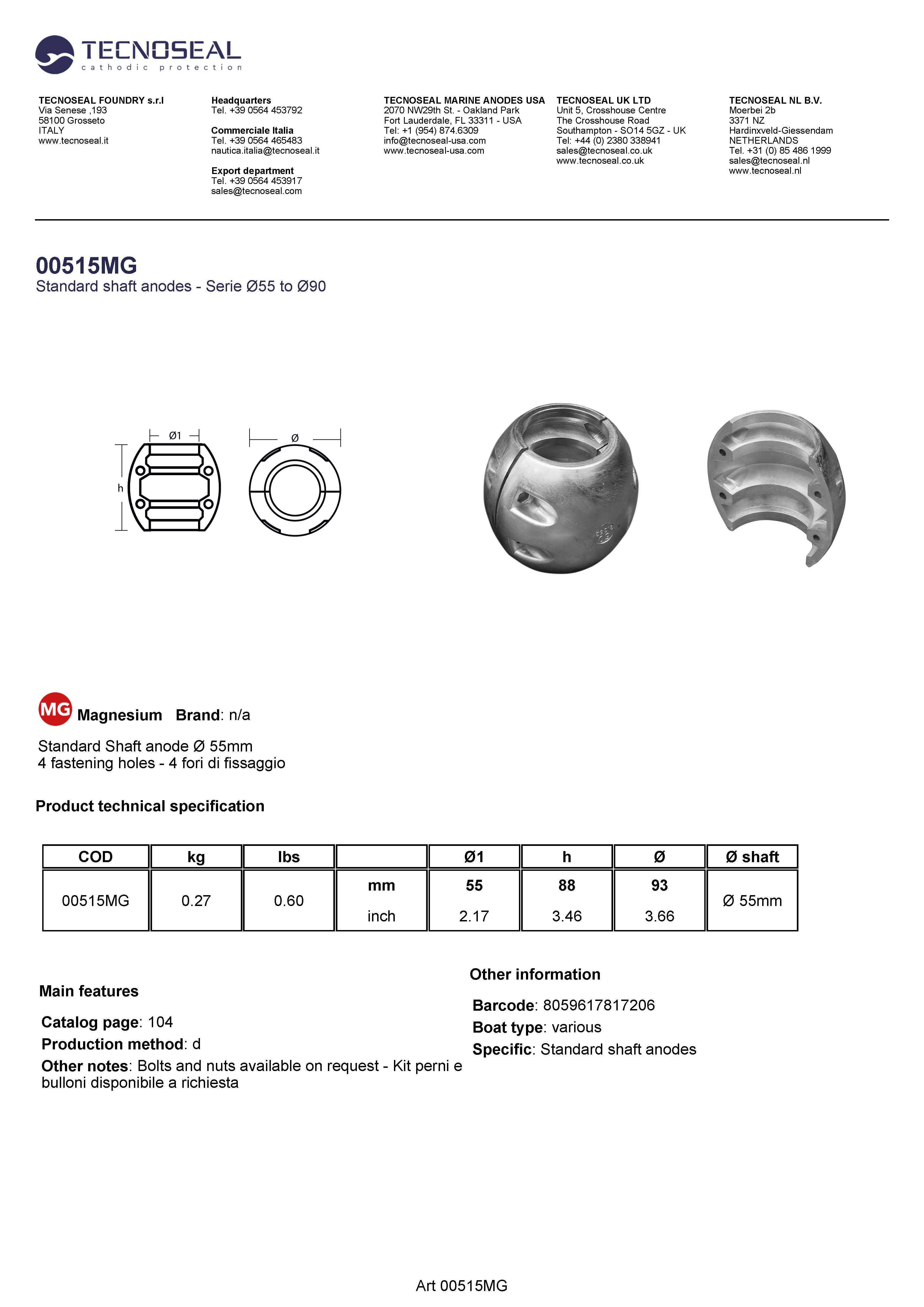 Shaft anode &Oslash; 55mm - 00515mg - 00515MG