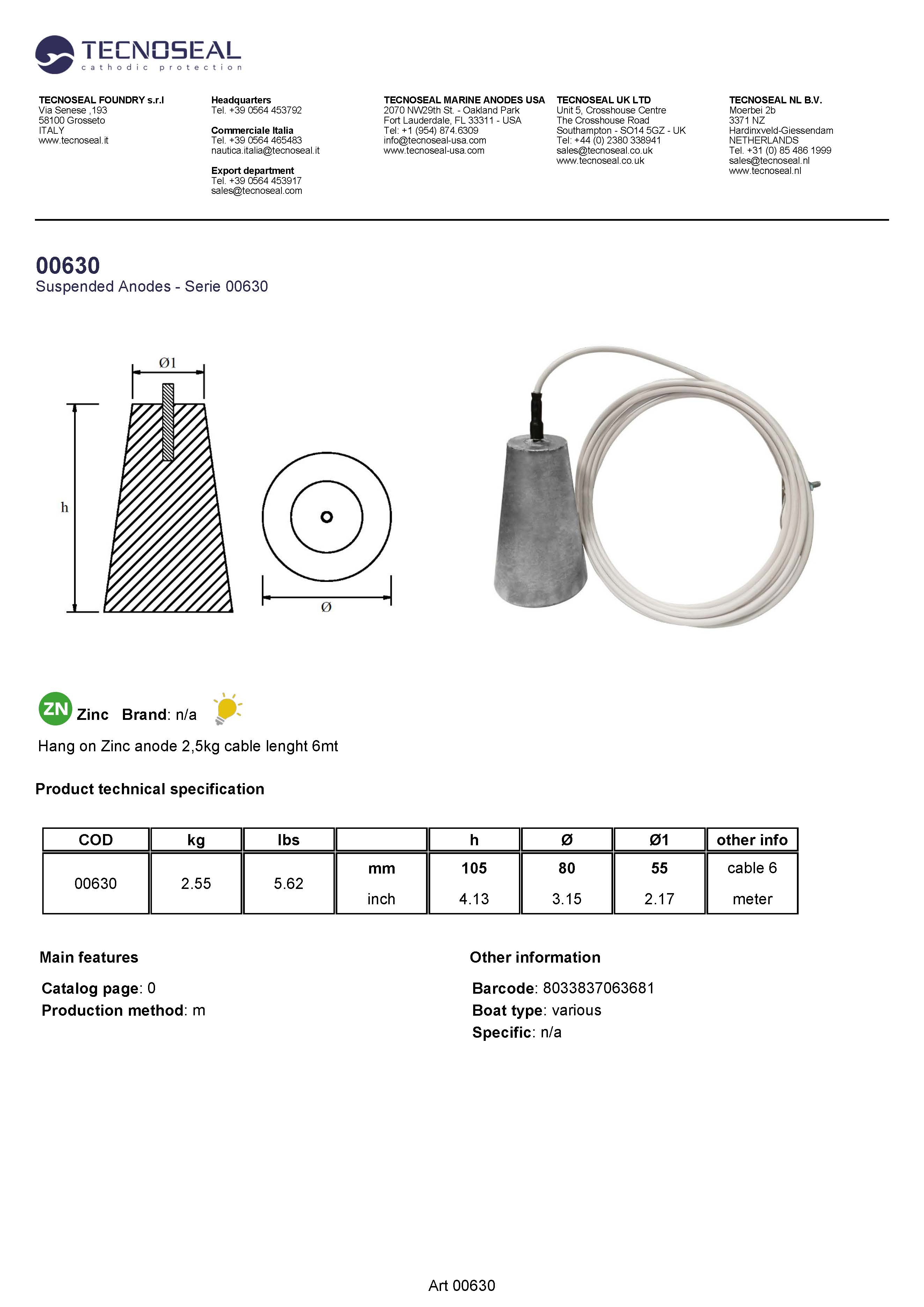 Hang on Zinc anode 2,5kg cable lenght 6mt - 00630 1 - 00630