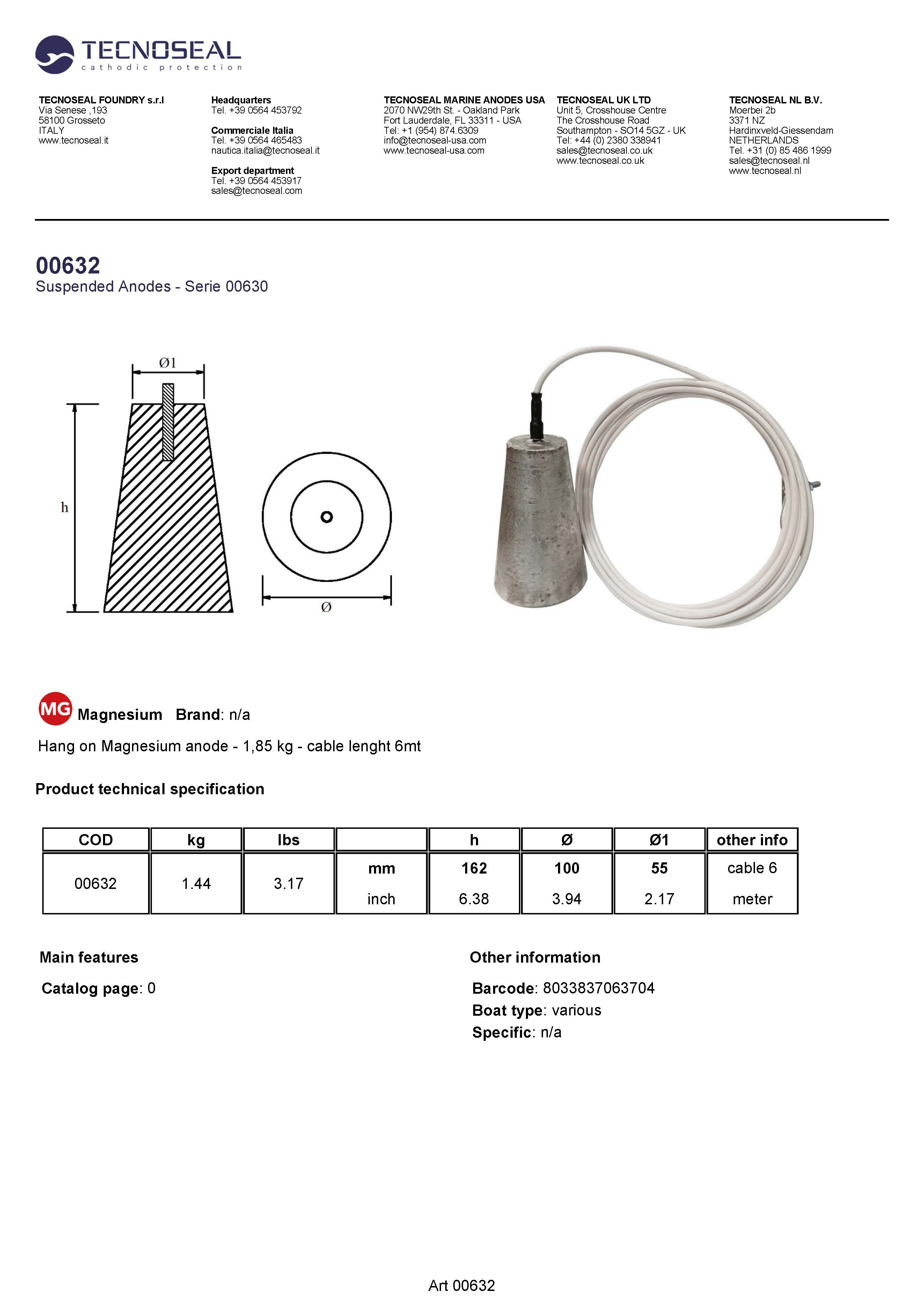 Hang on Magnesium anode 0,63kg cable lenght 6mt - 00632 - 00632