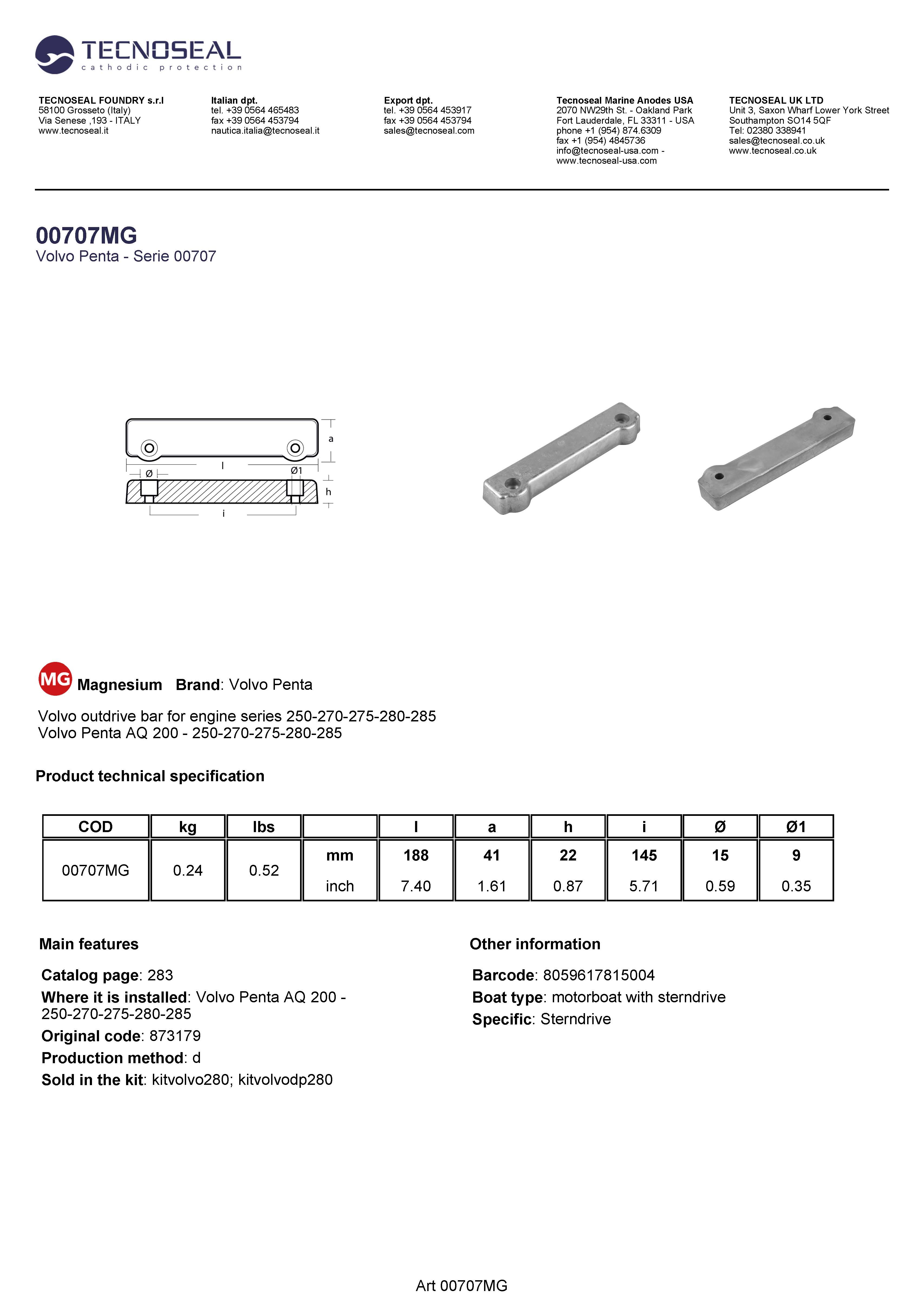 Volvo outdrive bar for engine series 250-270-275-280-285 - 00707mg 1 - 00707MG