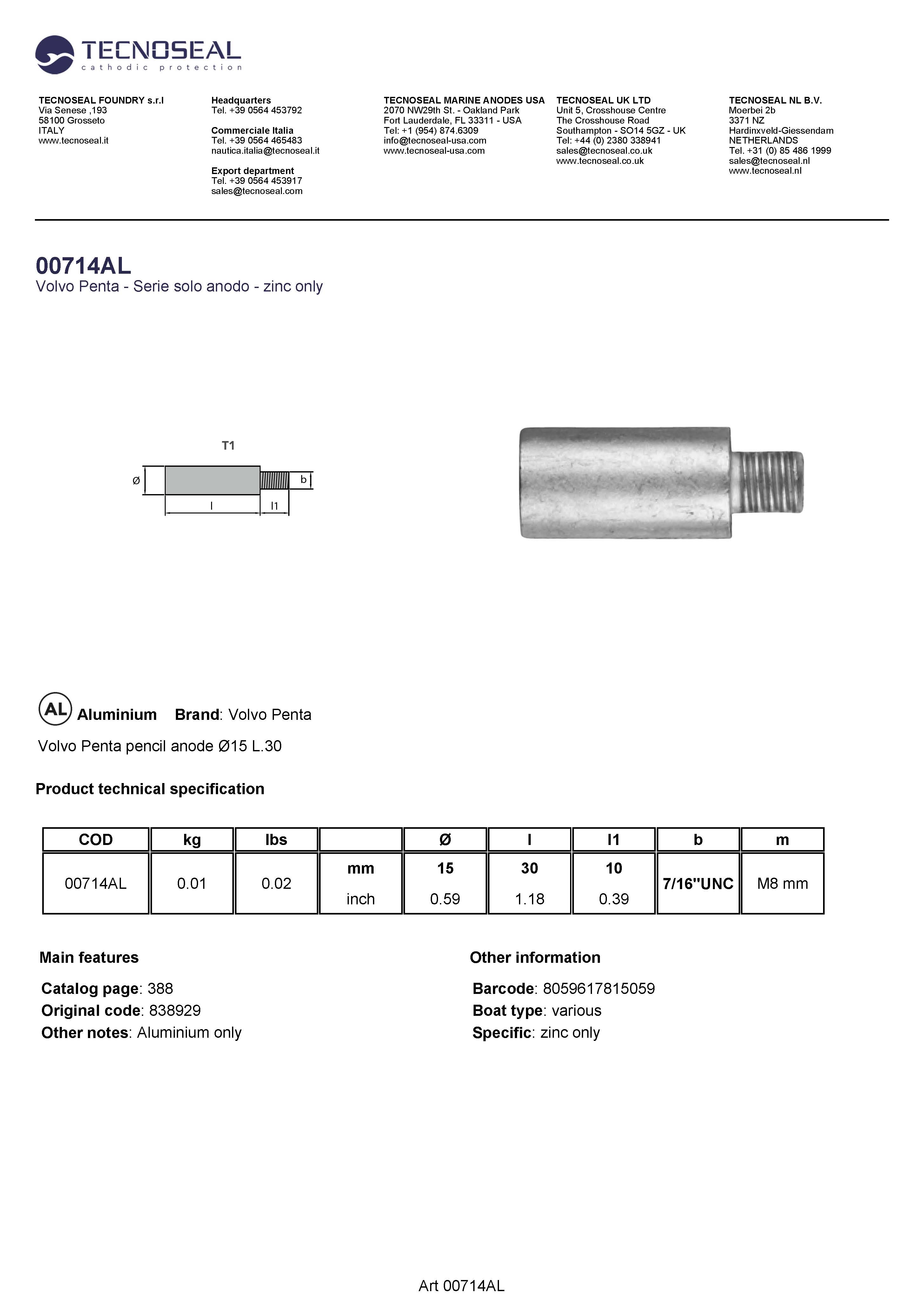 Volvo Penta pencil anode &Oslash;15 L.30 - 00714al - 00714AL