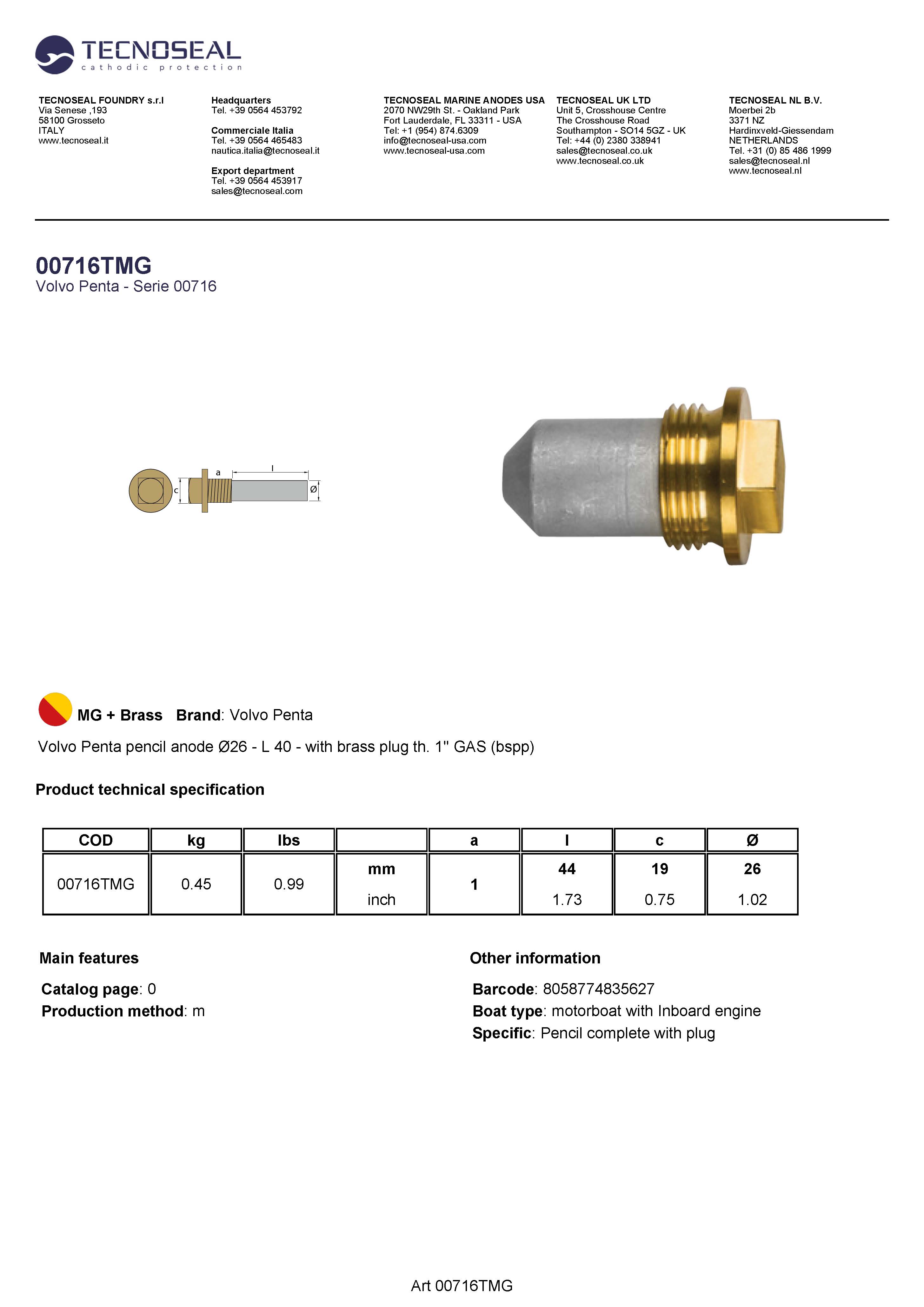 Volvo Penta pencil anode &Oslash;15,5 L.40  plugth.1'' Gas - 00716tmg - 00716TMG