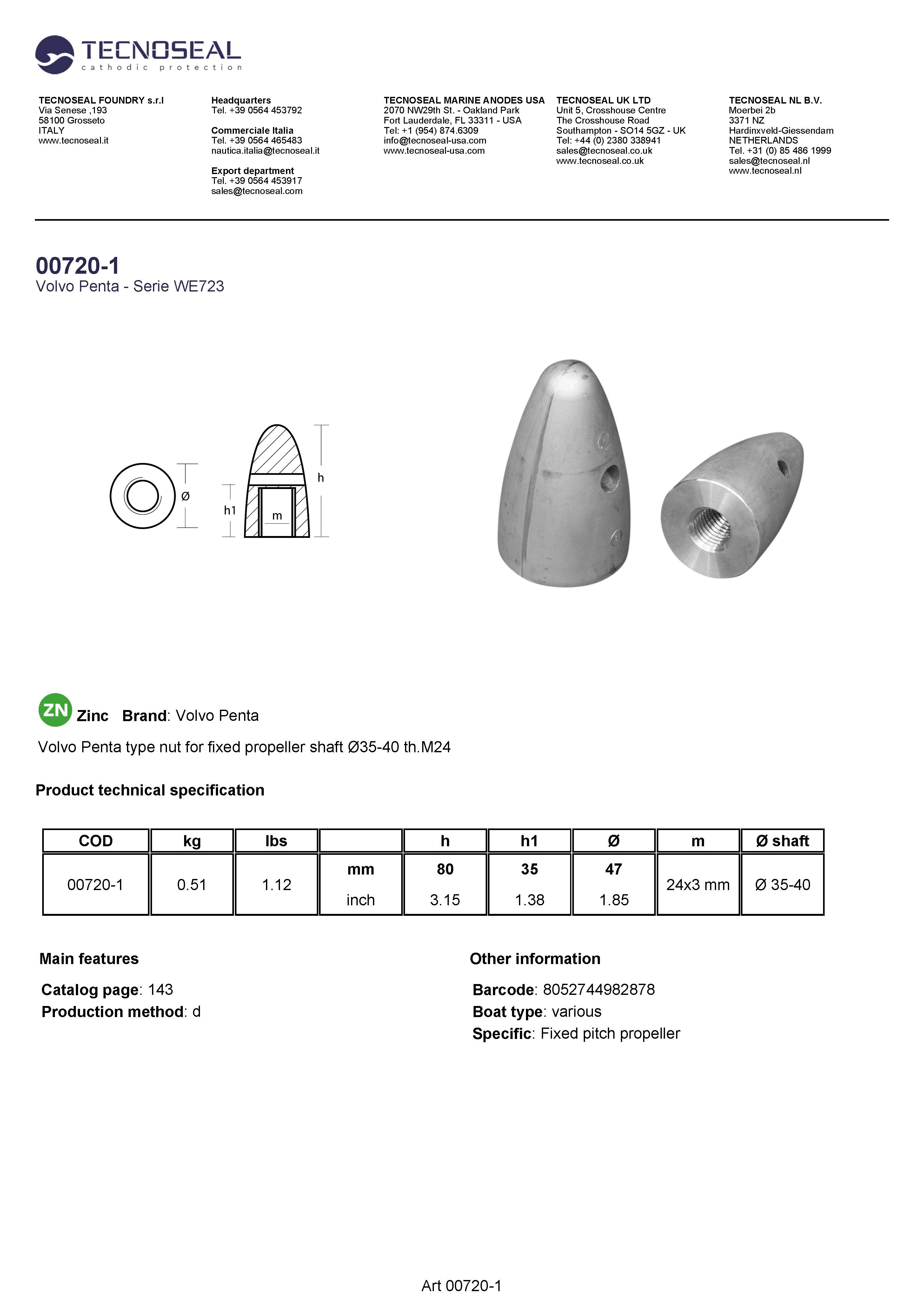 Volvo Penta type nut for fixed propeller &Oslash;35-40  th.M24x3 - 00720 1 - 00720-1