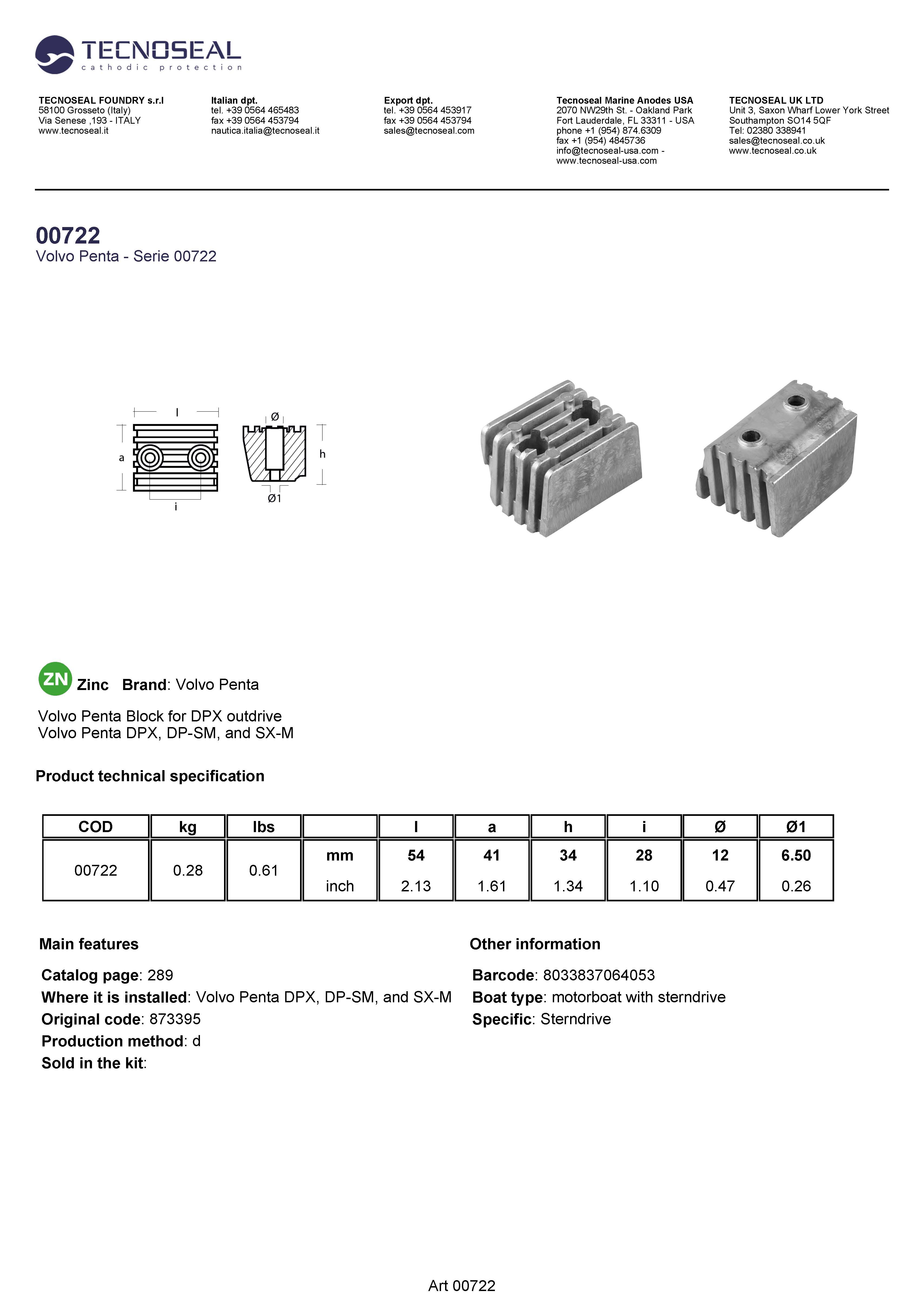 Volvo Penta Block for DPX outdrive - 00722 - 00722